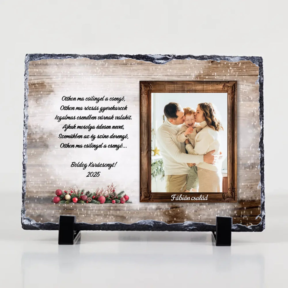 Karácsonyi gránitlap családi fotóval és egyedi felirattal