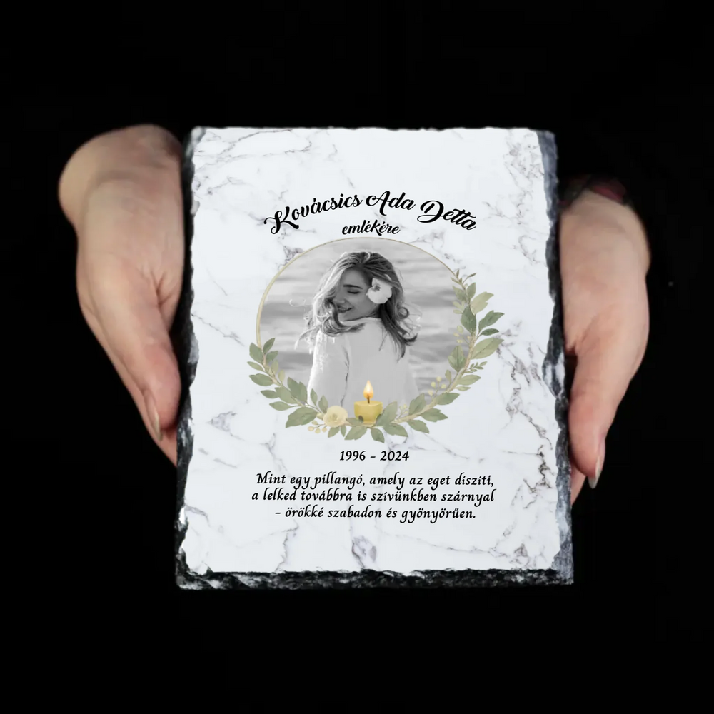 Egyedi fényképes gránitlap megemlékezésre felirattal névvel dátummal