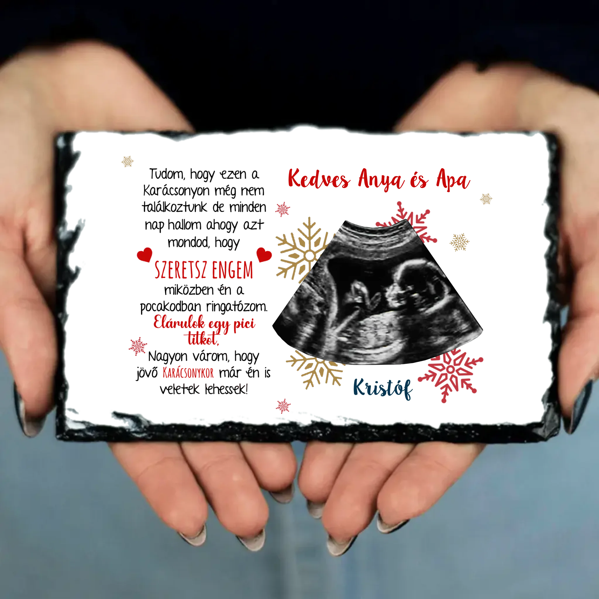 Ajándék karácsonyi gránitlap ultrahang fotóval és szerkeszthető felirattal