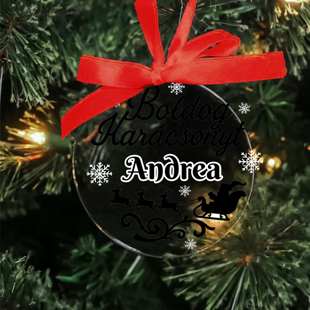 Egyedi neves ajándék - üveg karácsonyfadísz karácsonyi mintával_