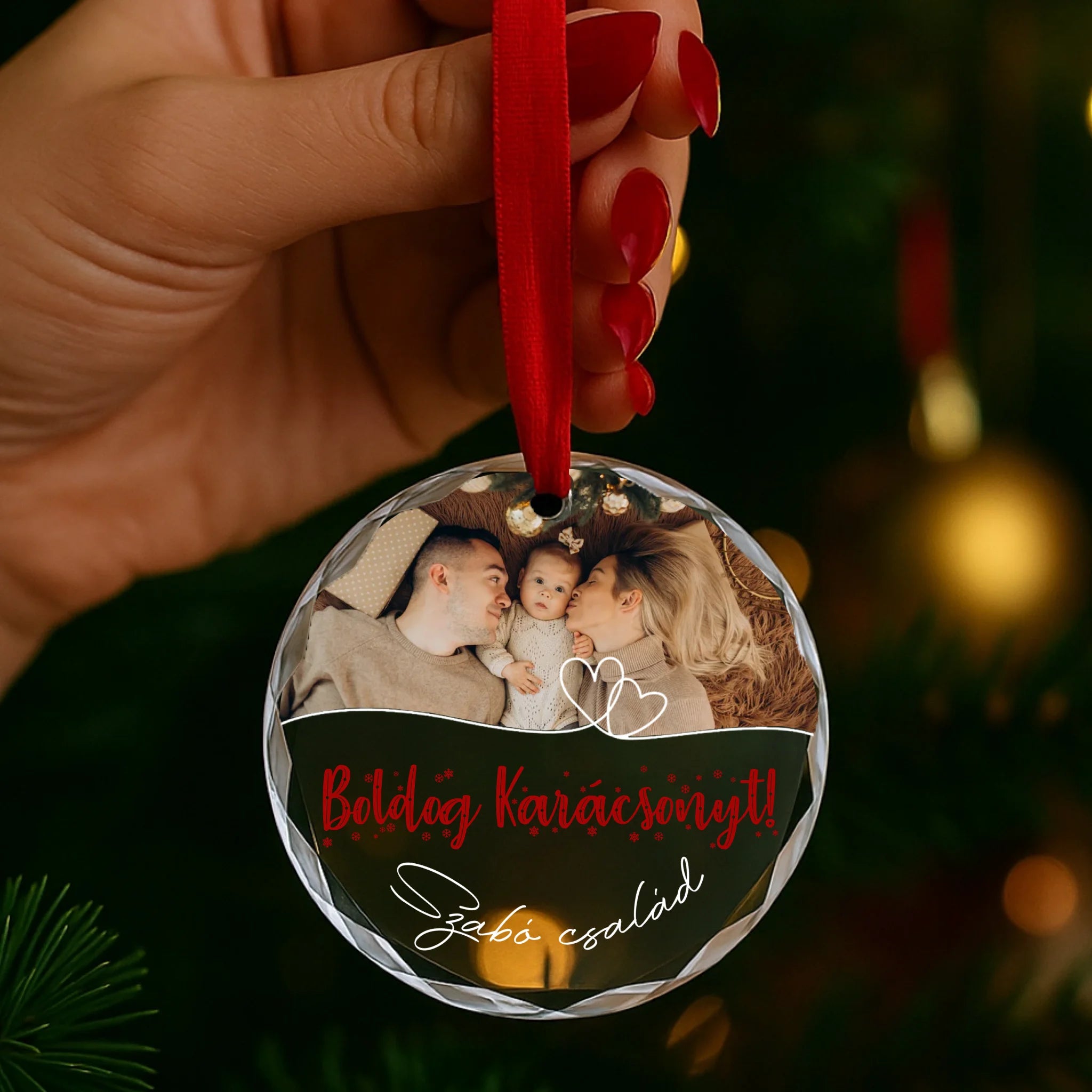 Egyedi képes karácsonyfa üvegdísz szerkeszthető felirattal