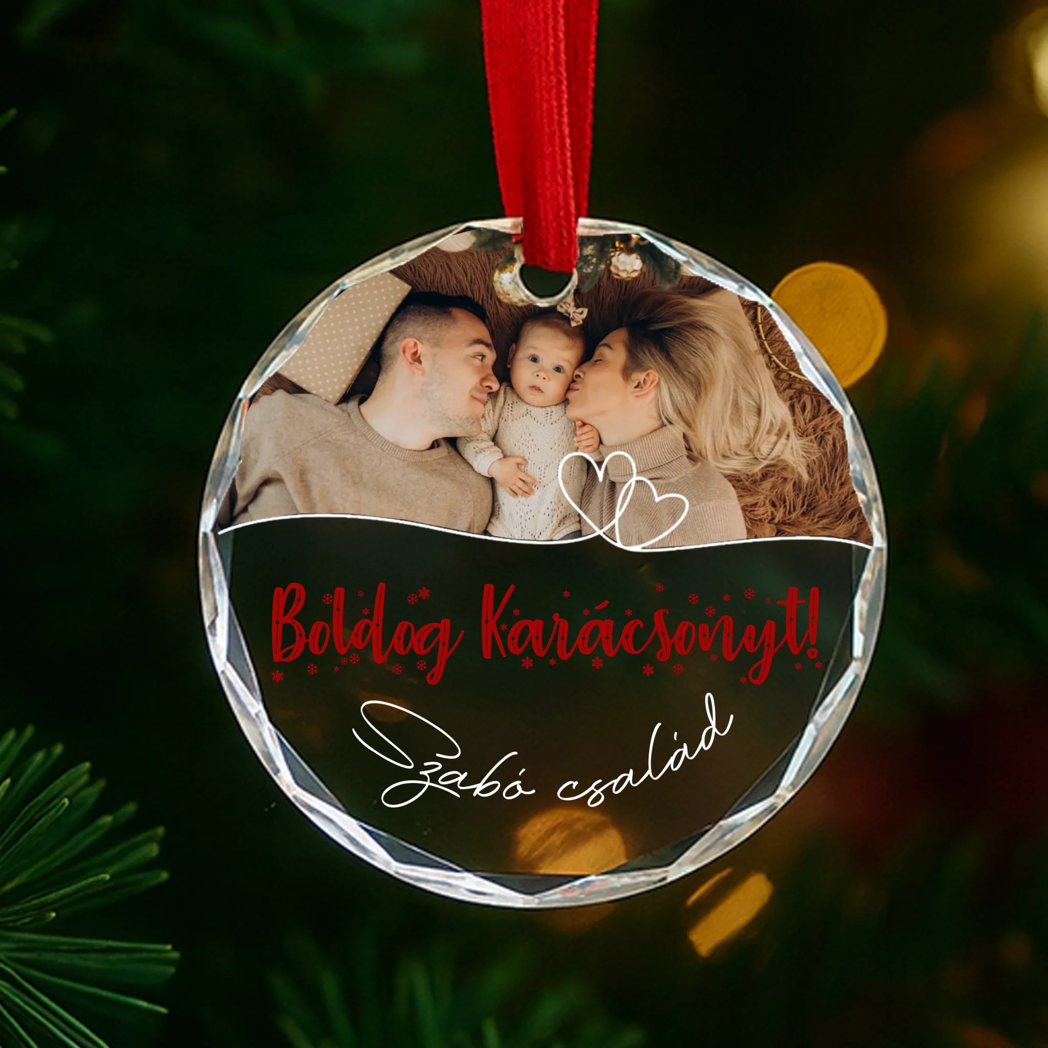 Egyedi képes karácsonyfa üvegdísz szerkeszthető felirattal
