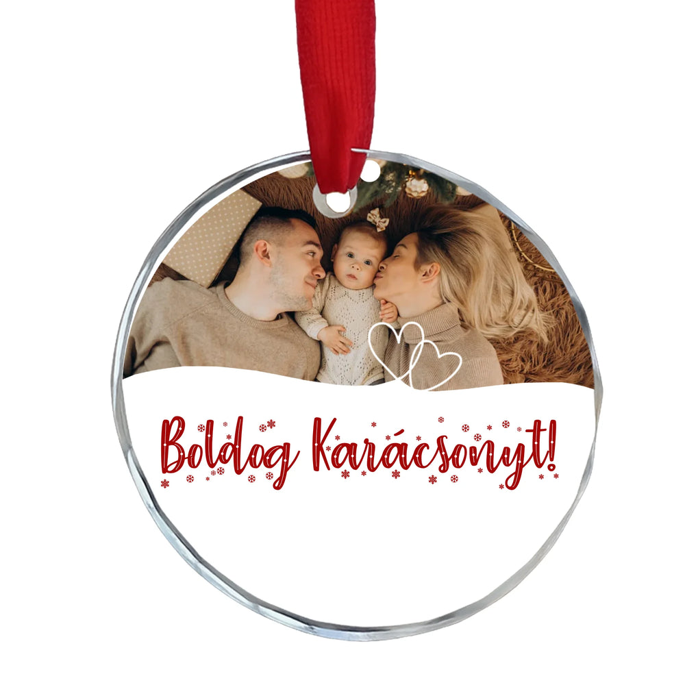 Egyedi képes karácsonyfa üvegdísz szerkeszthető felirattal