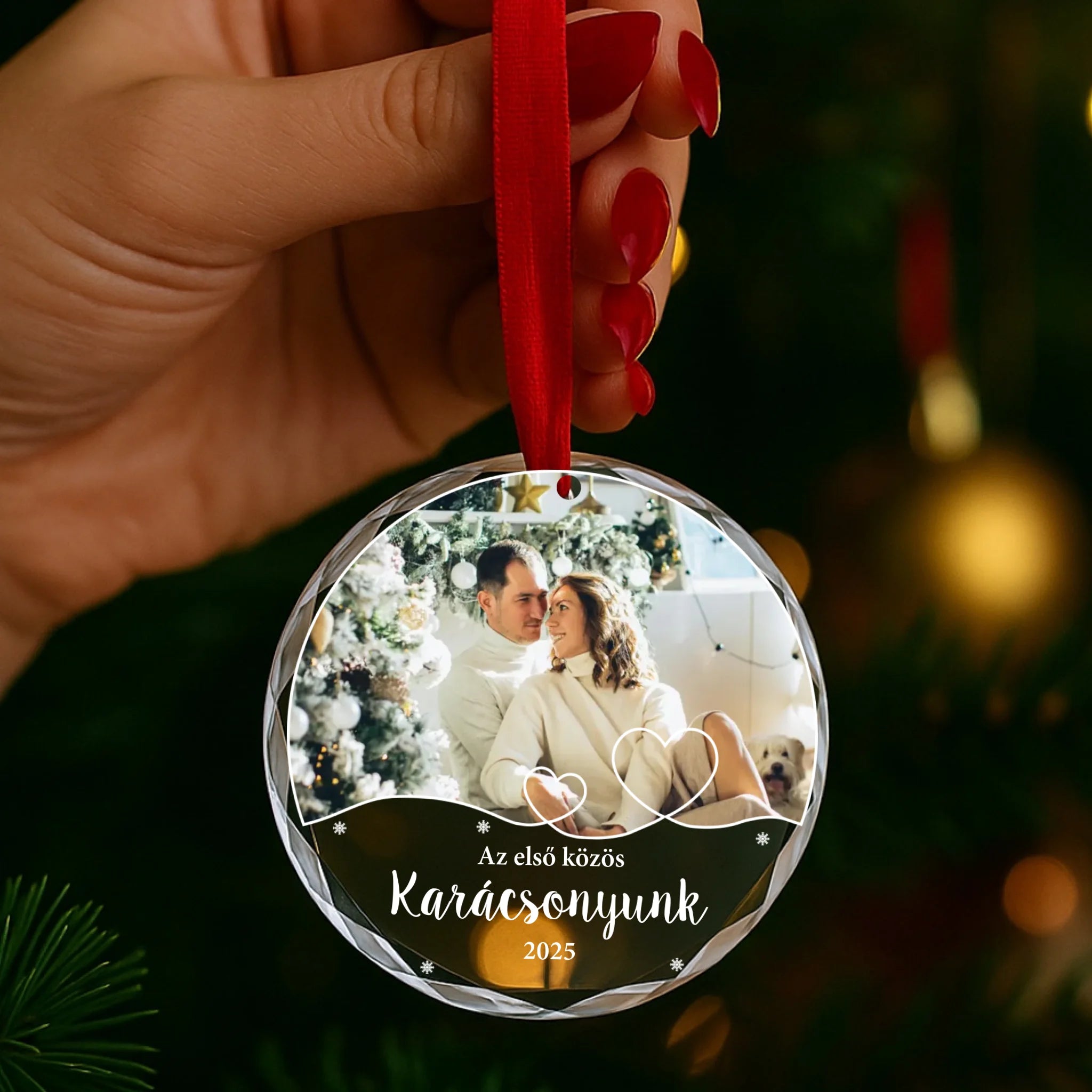 Egyedi karácsonyi ajándék üvegdísz fotóval és felirattal