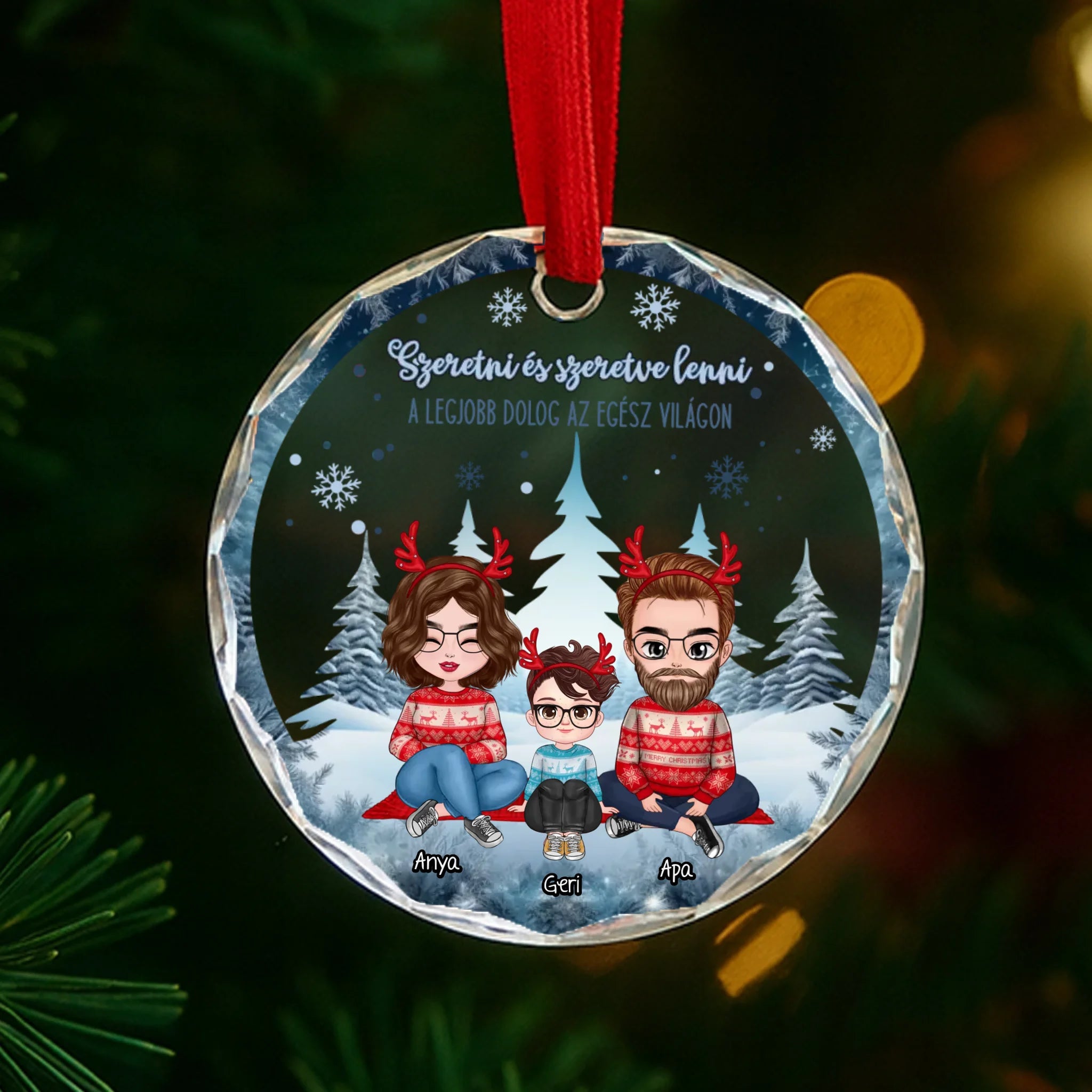 Egyedi családi ajándék üveg karácsonyfadísz