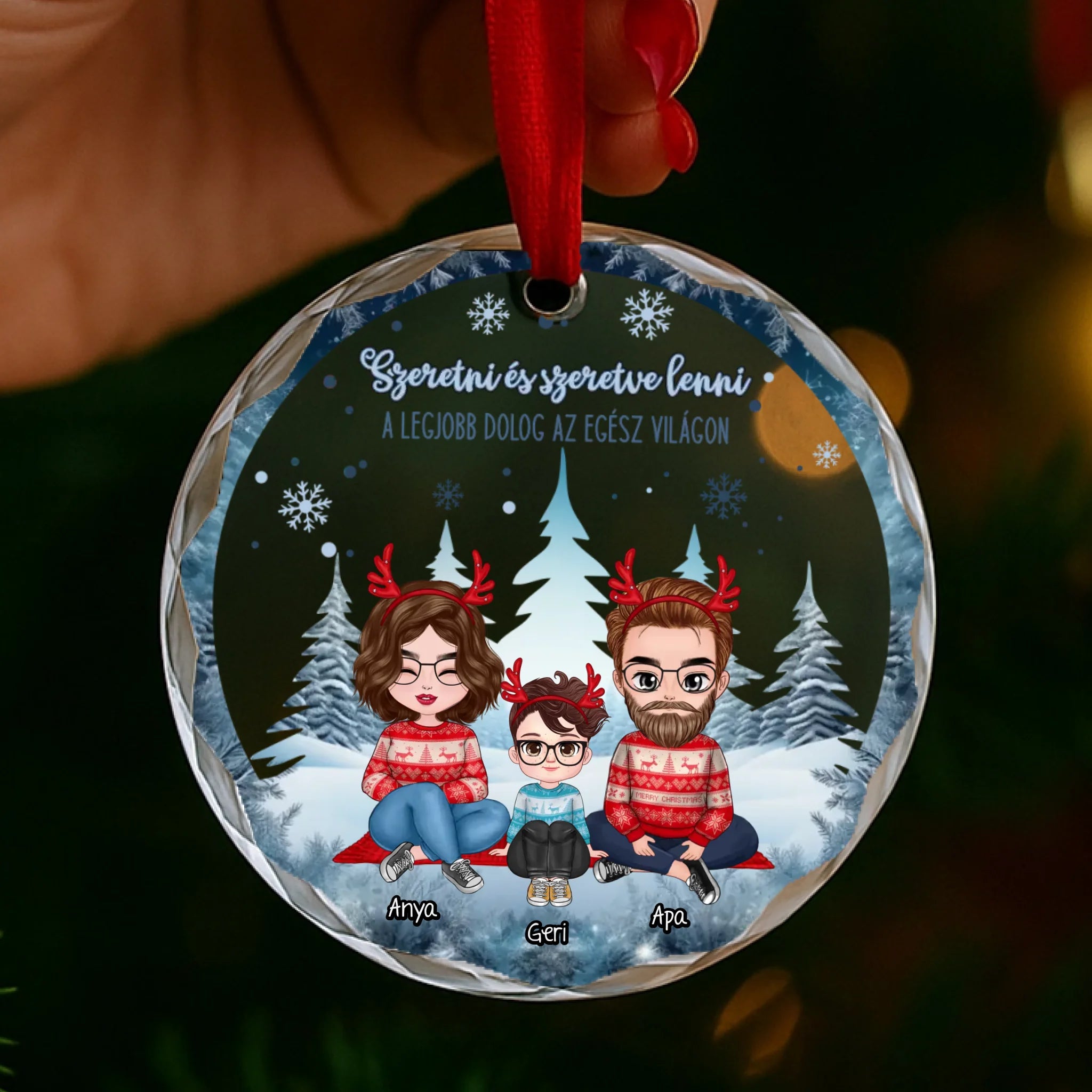 Egyedi családi ajándék üveg karácsonyfadísz