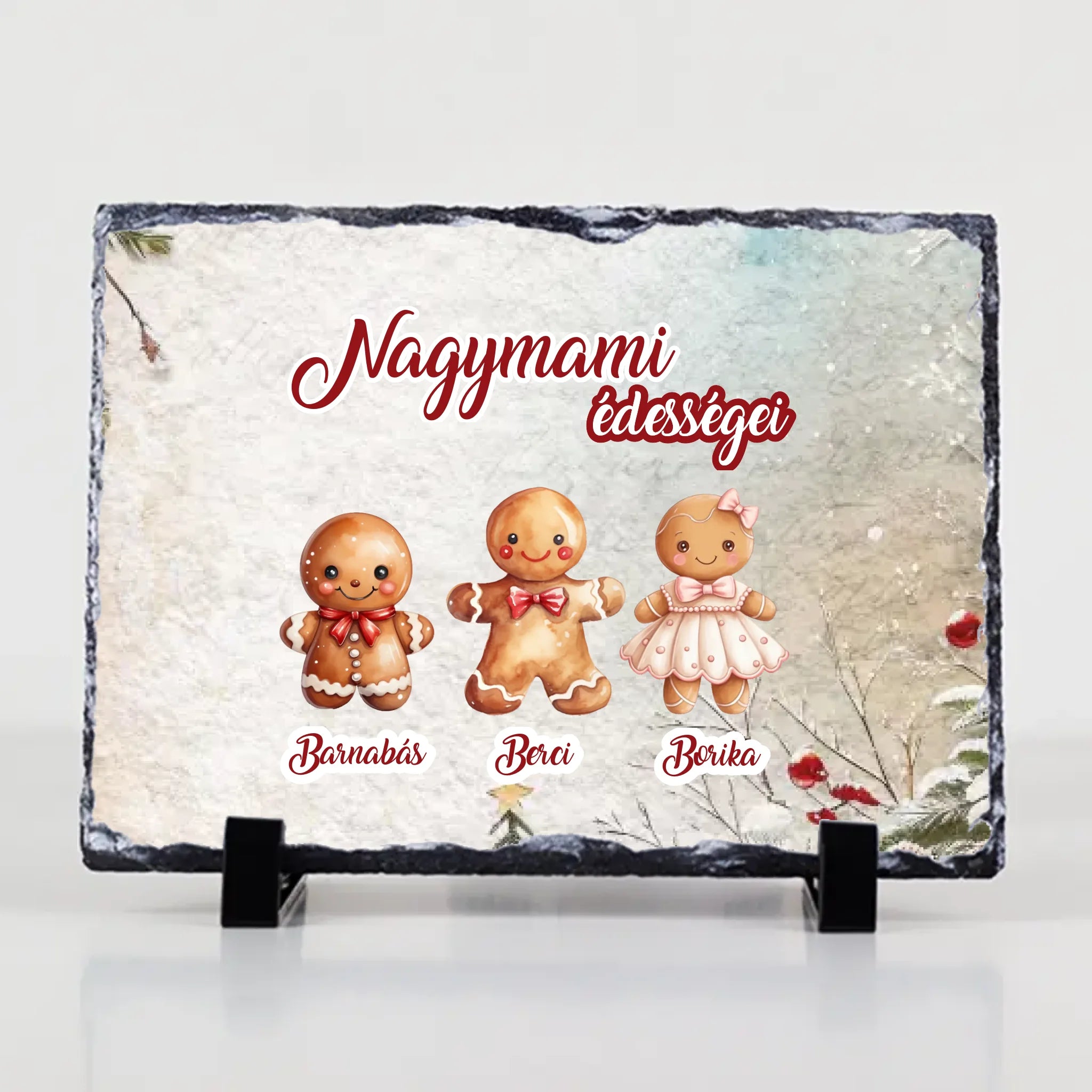 Karácsonyi ajándék gránitlap nagymamáknak választható mézeskalács figurákkal