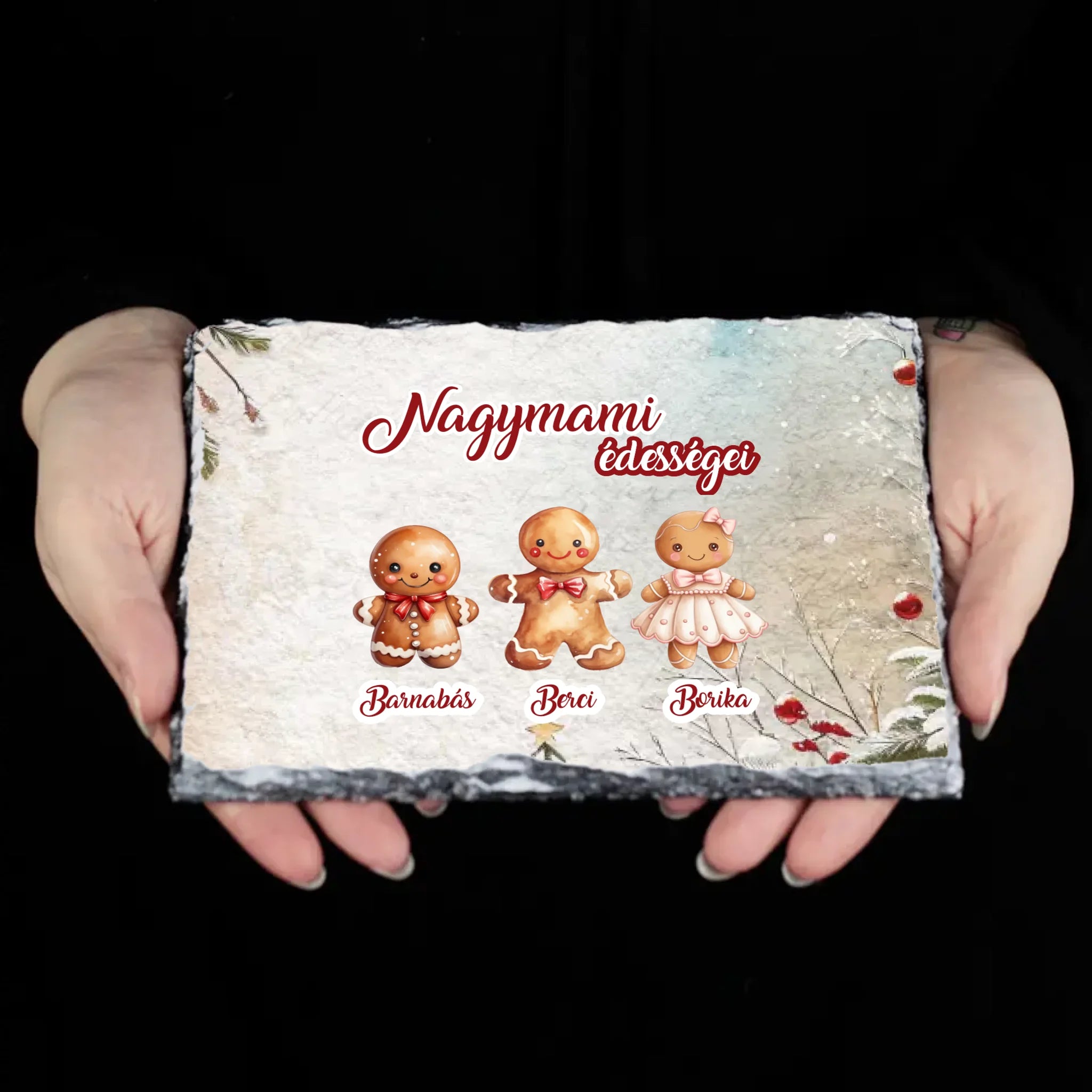 Karácsonyi ajándék gránitlap nagymamáknak választható mézeskalács figurákkal