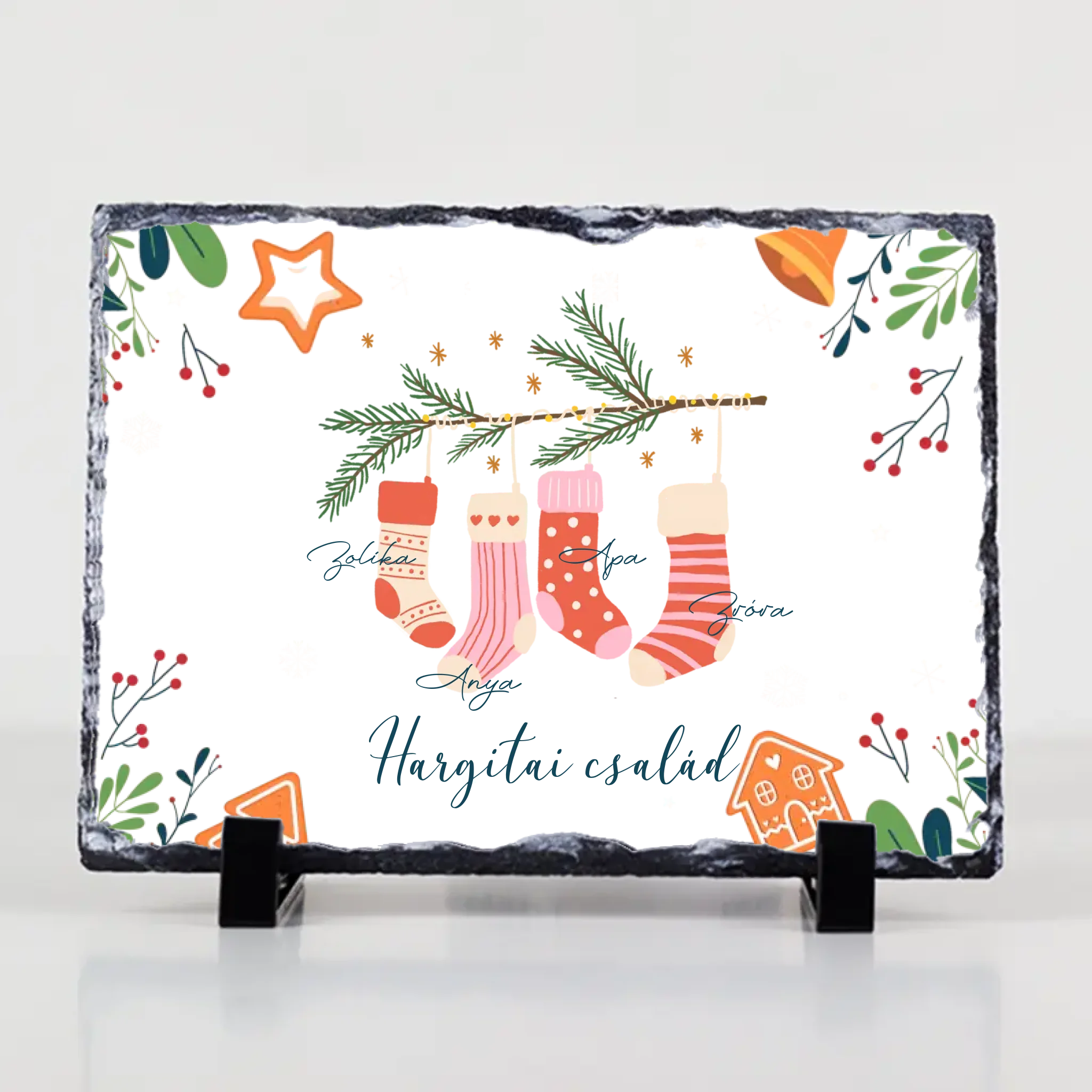 Karácsonyi csizmás ajándék gránitlap a családnak egyedi nevekkel