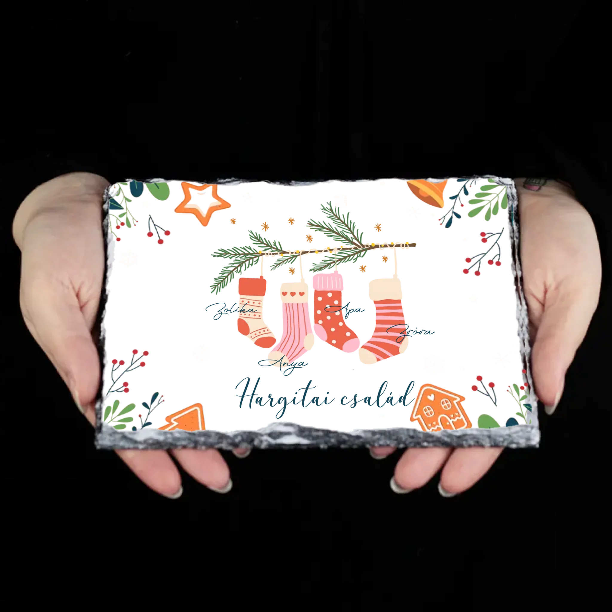 Karácsonyi csizmás ajándék gránitlap a családnak egyedi nevekkel