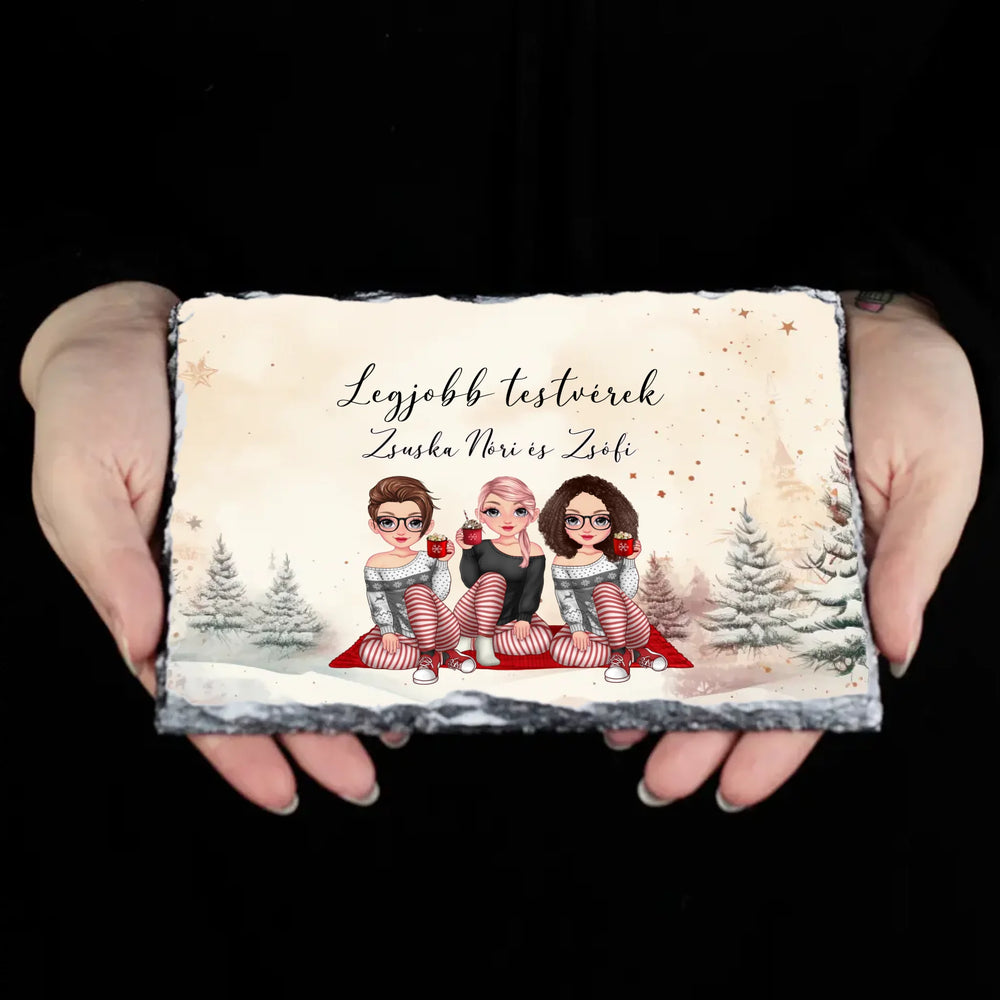 Egyedi karácsonyi gránitlap Nővéreknek szerkeszthető karakterekkel