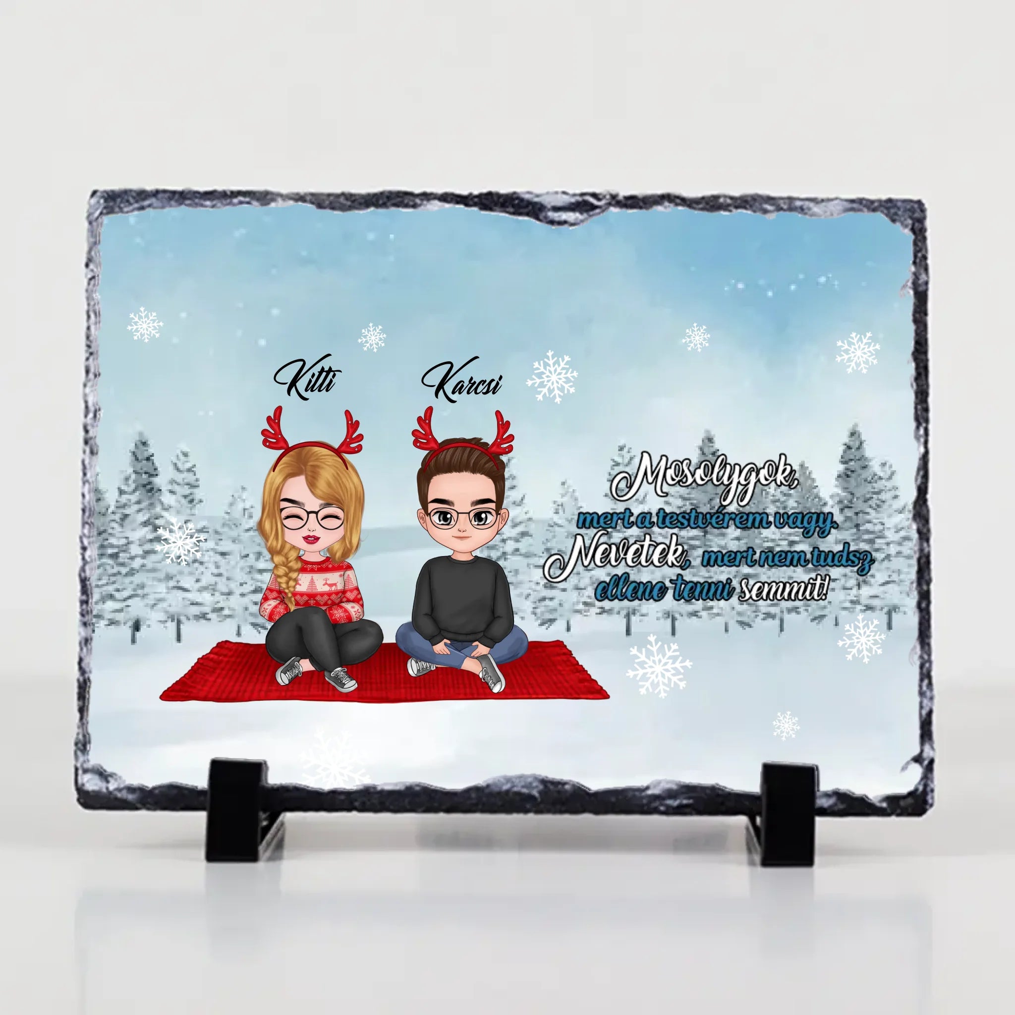 Egyedi karácsonyi gránitlap Testvéreknek szerkeszthető karakterekkel