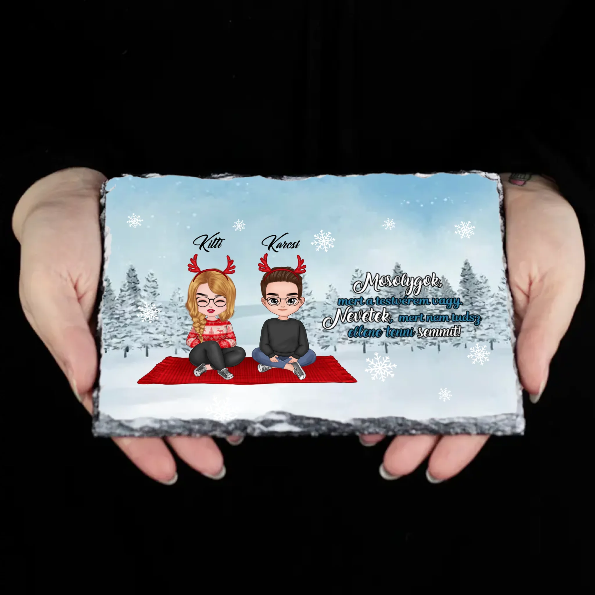 Egyedi karácsonyi gránitlap Testvéreknek szerkeszthető karakterekkel