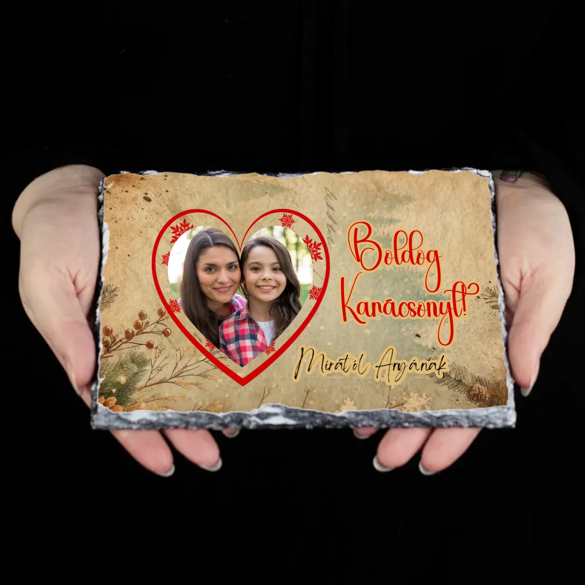 Karácsonyi ajándék gránitlap saját fotóval és felirattal a család minden tagjának