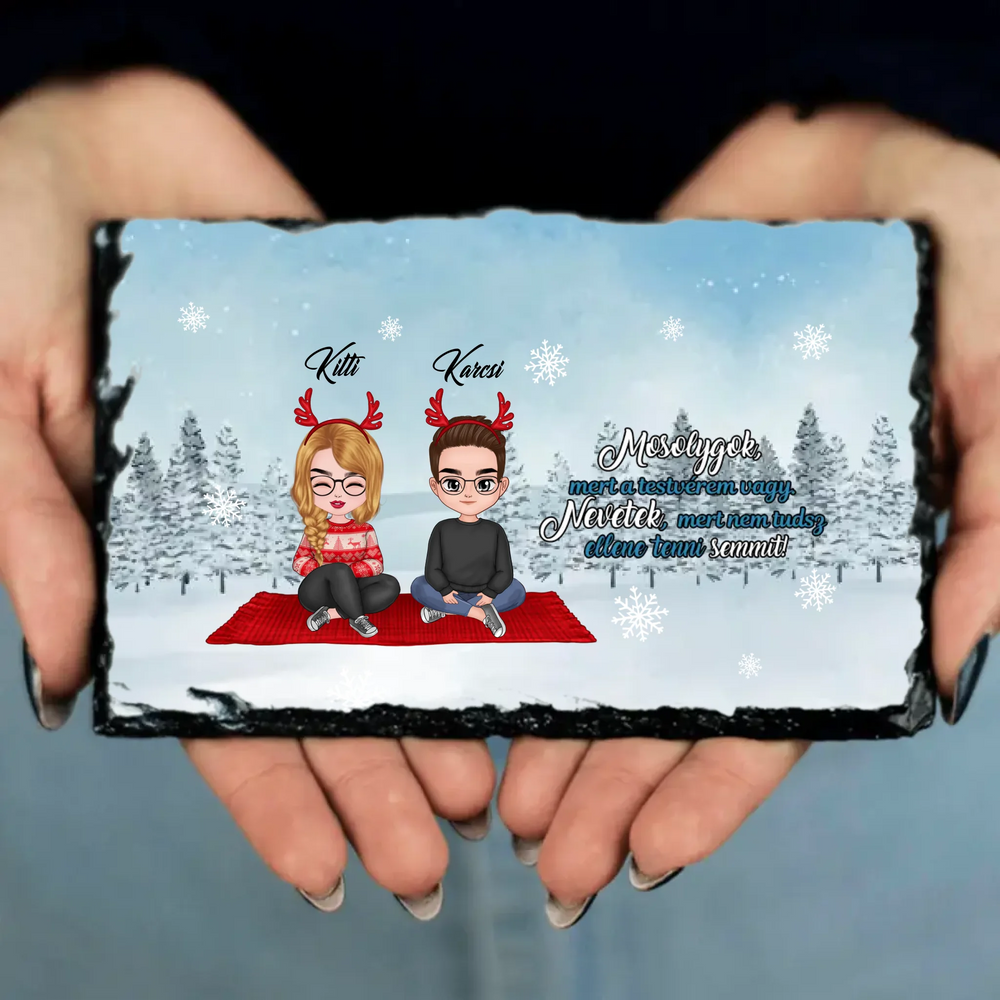 Egyedi karácsonyi gránitlap Testvéreknek szerkeszthető karakterekkel