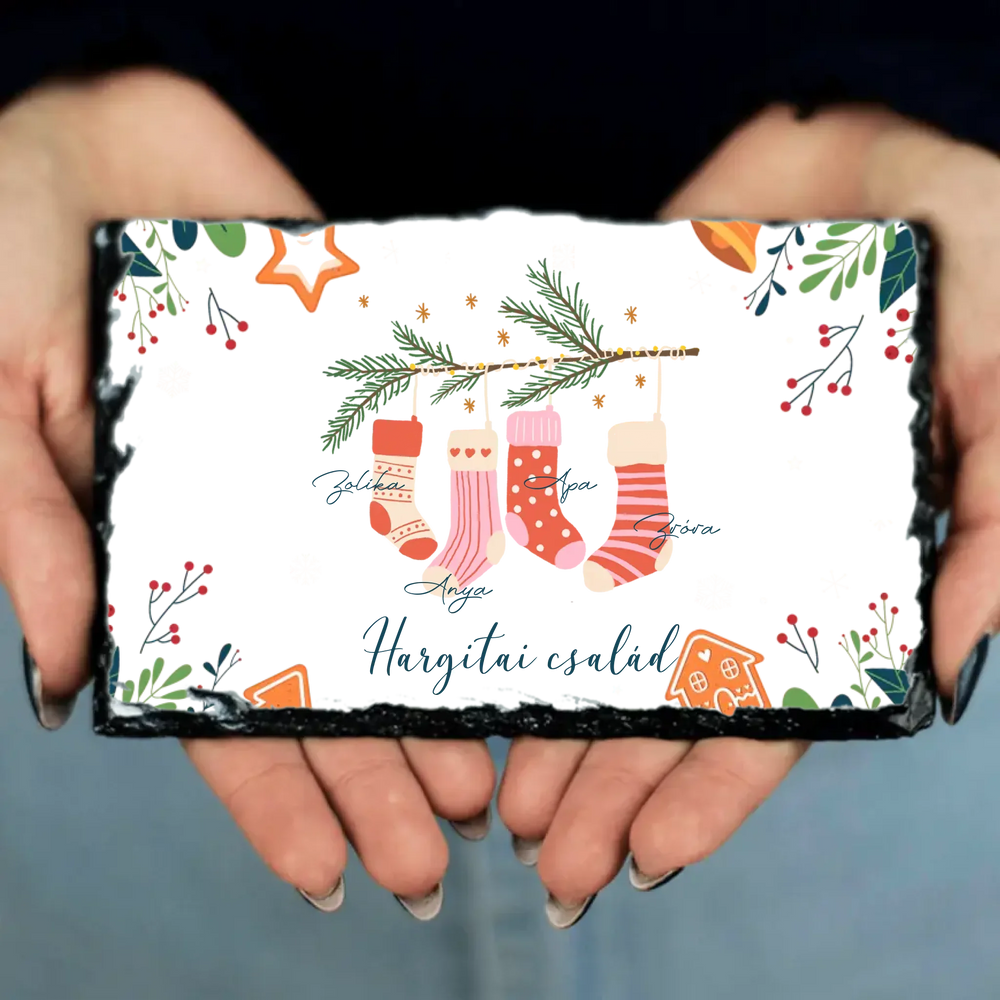 Karácsonyi csizmás ajándék gránitlap a családnak egyedi nevekkel