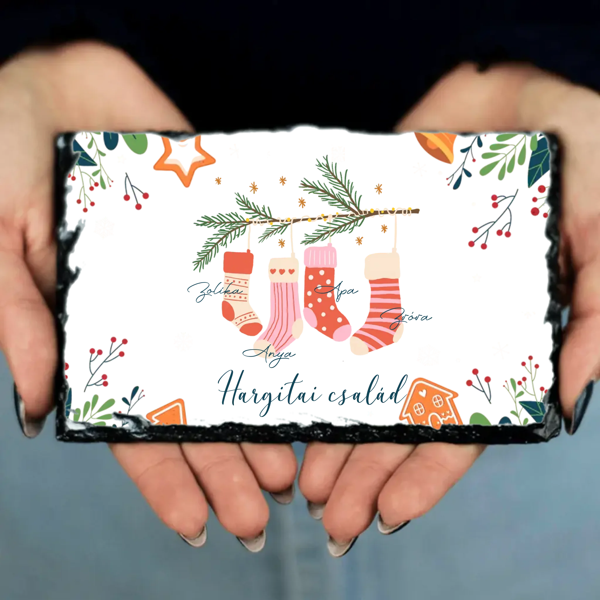 Karácsonyi csizmás ajándék gránitlap a családnak egyedi nevekkel