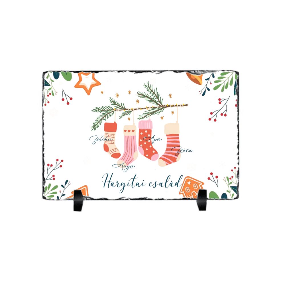 Karácsonyi csizmás ajándék gránitlap a családnak egyedi nevekkel