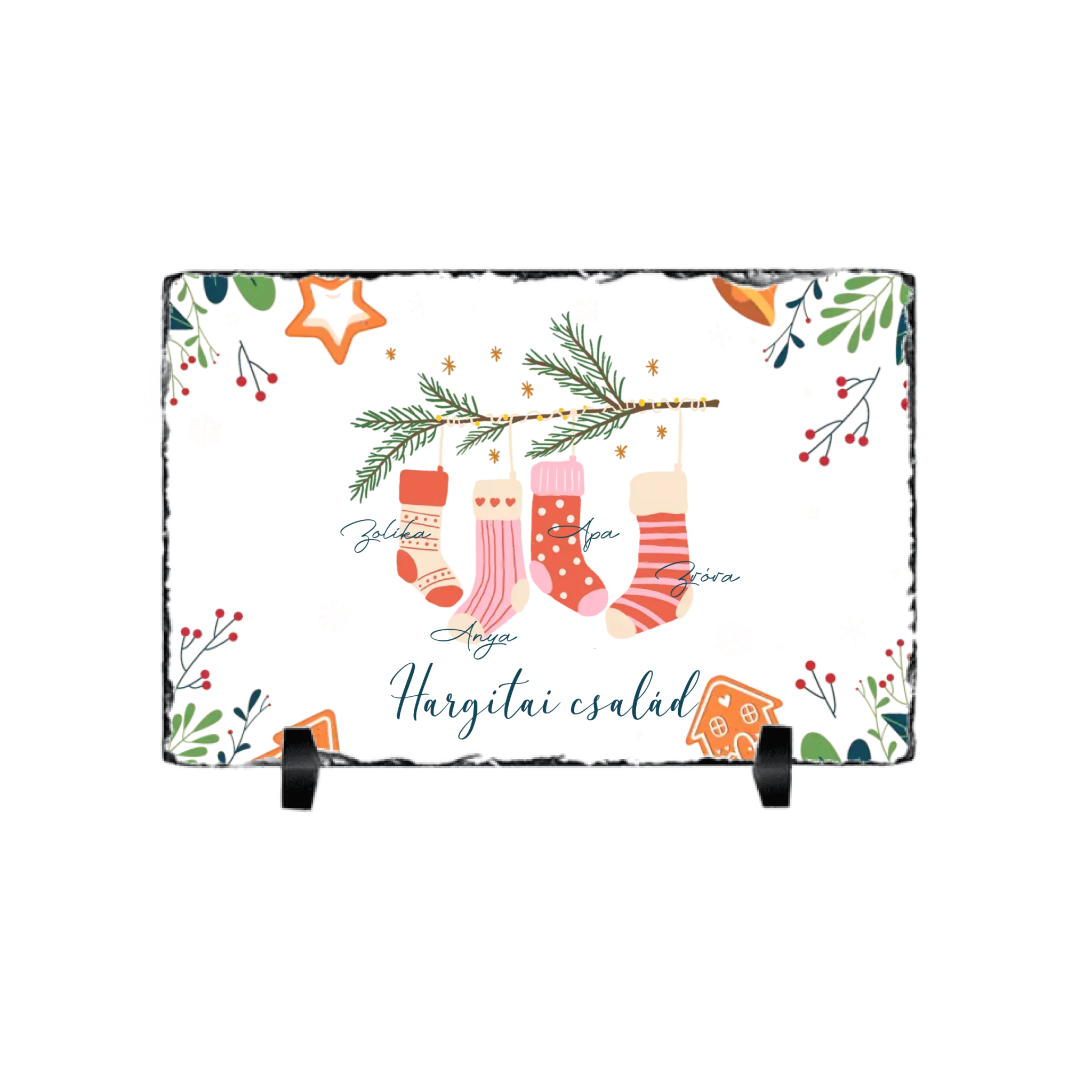Karácsonyi csizmás ajándék gránitlap a családnak egyedi nevekkel
