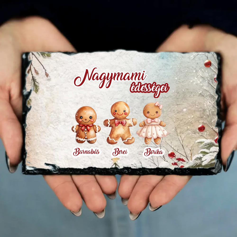 Karácsonyi ajándék gránitlap nagymamáknak választható mézeskalács figurákkal