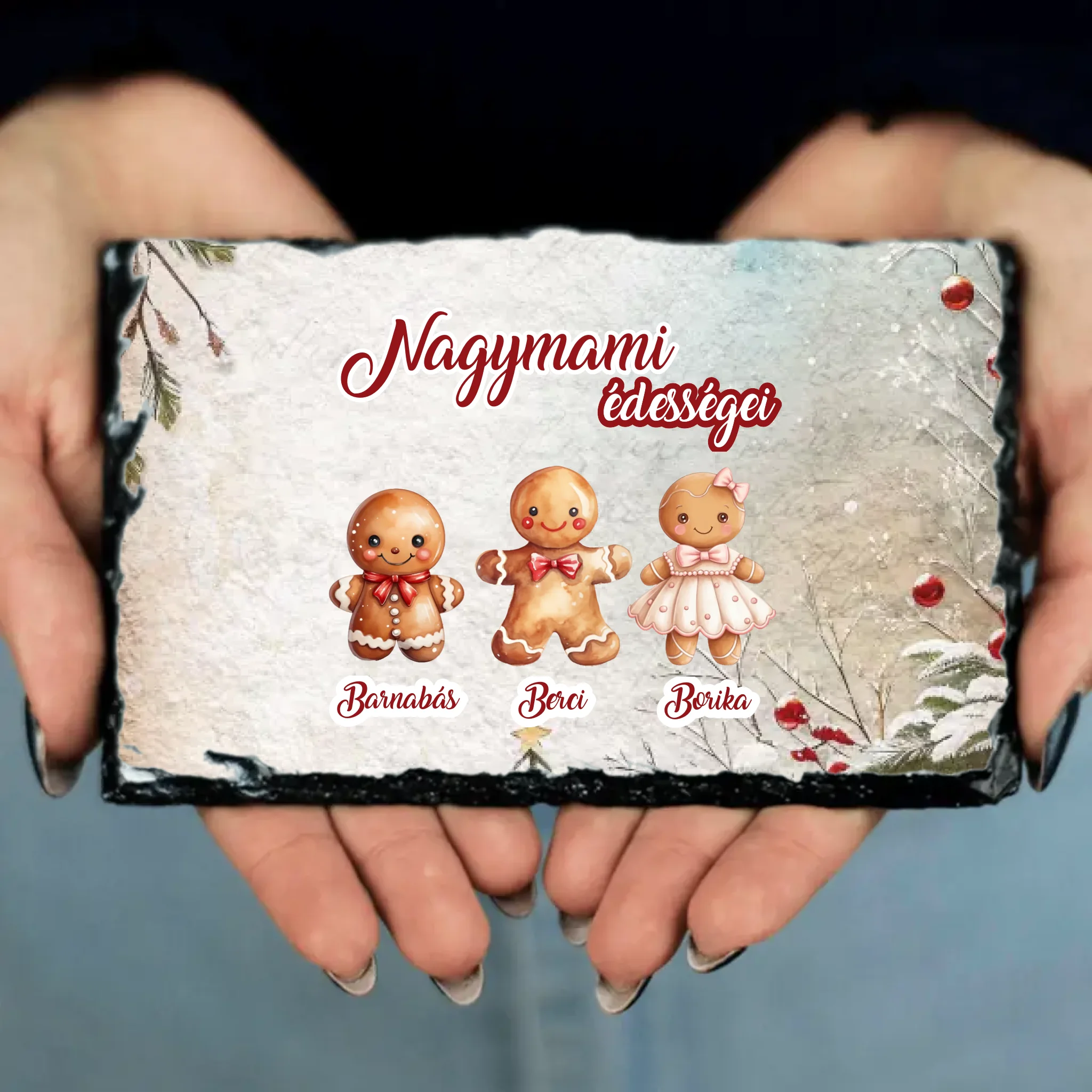 Karácsonyi ajándék gránitlap nagymamáknak választható mézeskalács figurákkal