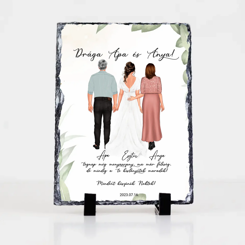 Szerkeszthető karakteres esküvői köszönőajándék gránitlap szülőknek - lánytól