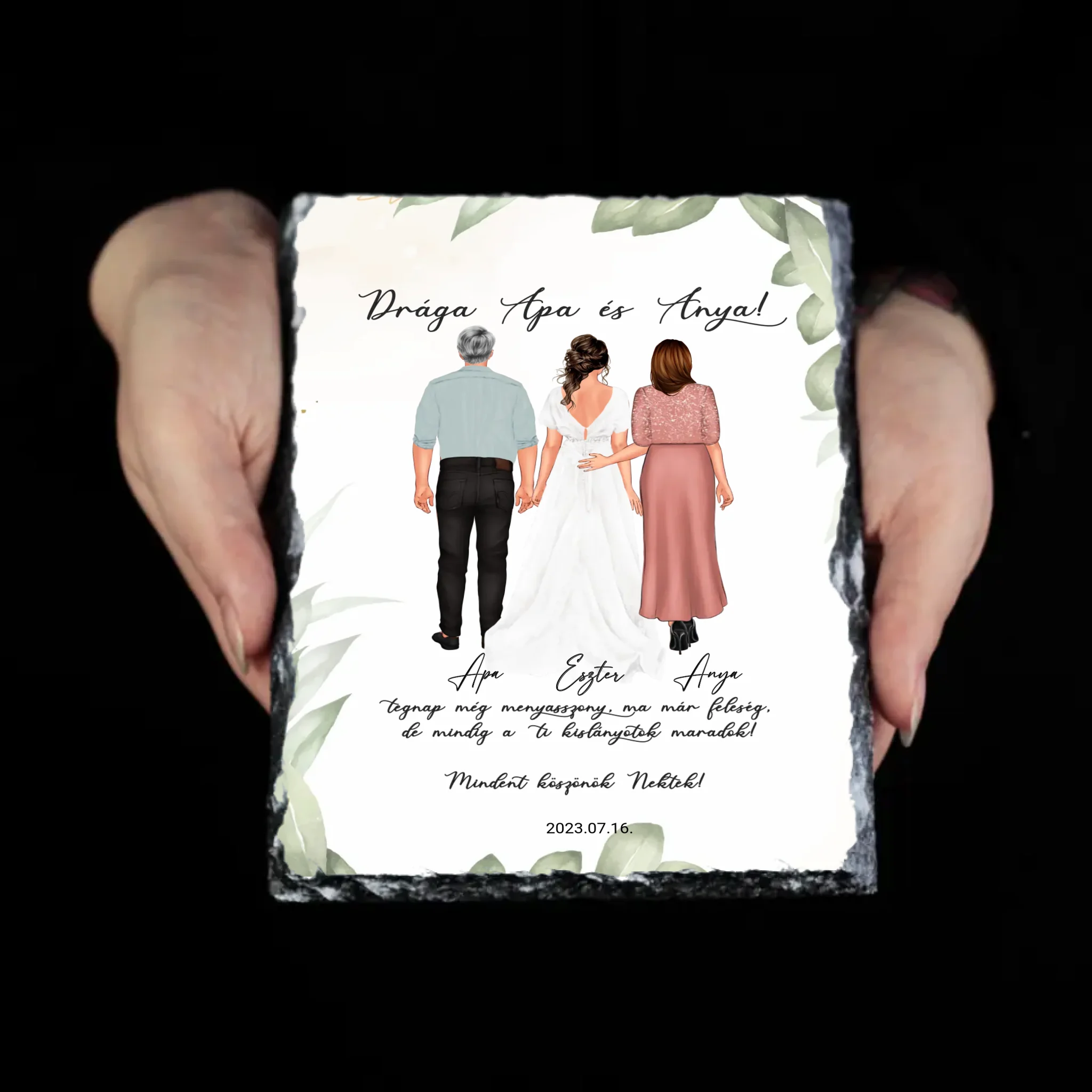 Szerkeszthető karakteres esküvői köszönőajándék gránitlap szülőknek - lánytól