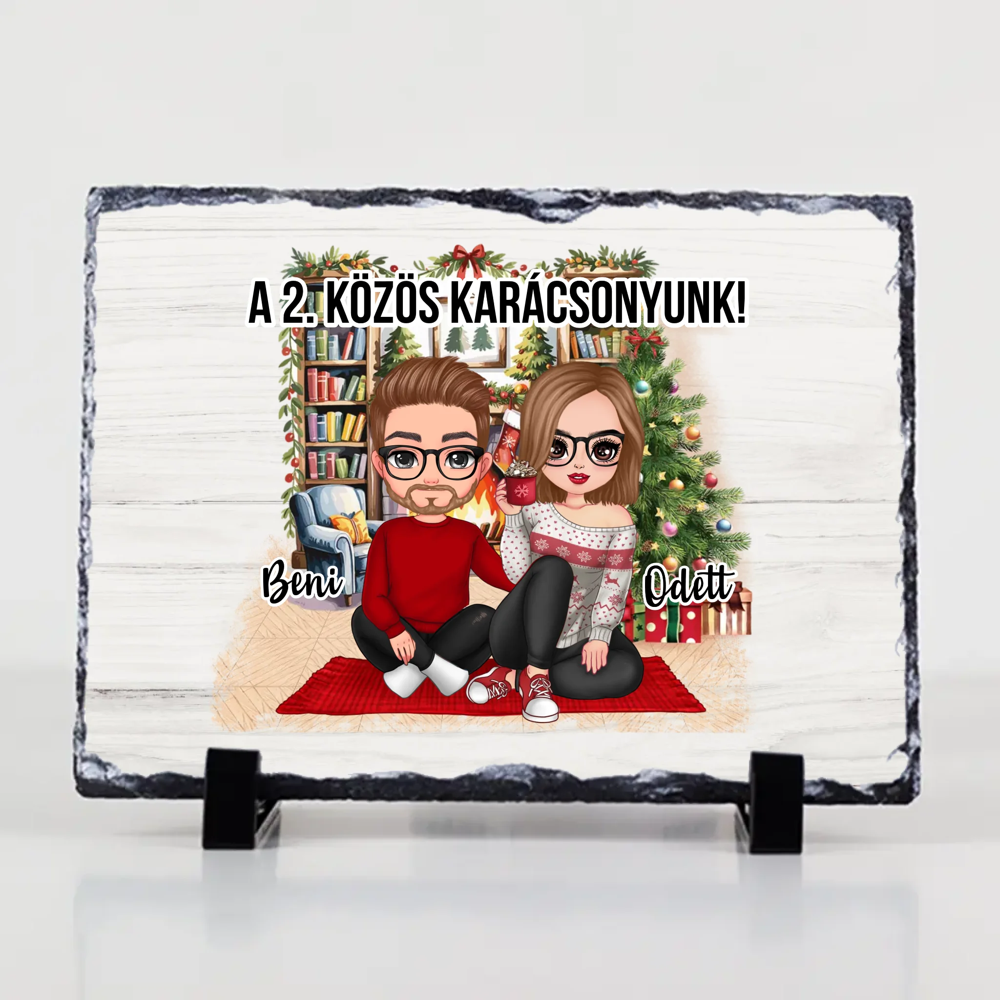Egyedi karácsonyi ajándék pároknak - szerkeszthető karakteres gránitlap