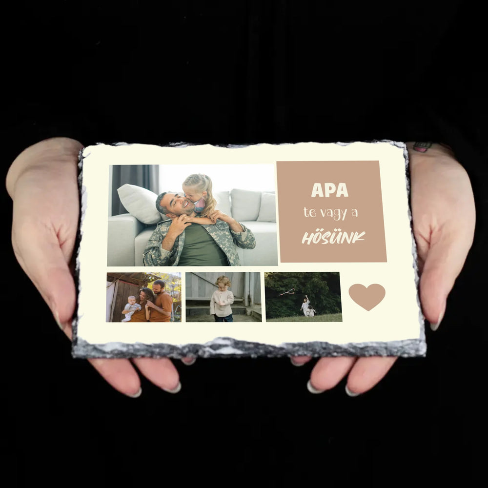 Egyedi fényképes gránitlap apák napjára 4 képpel és felirattal