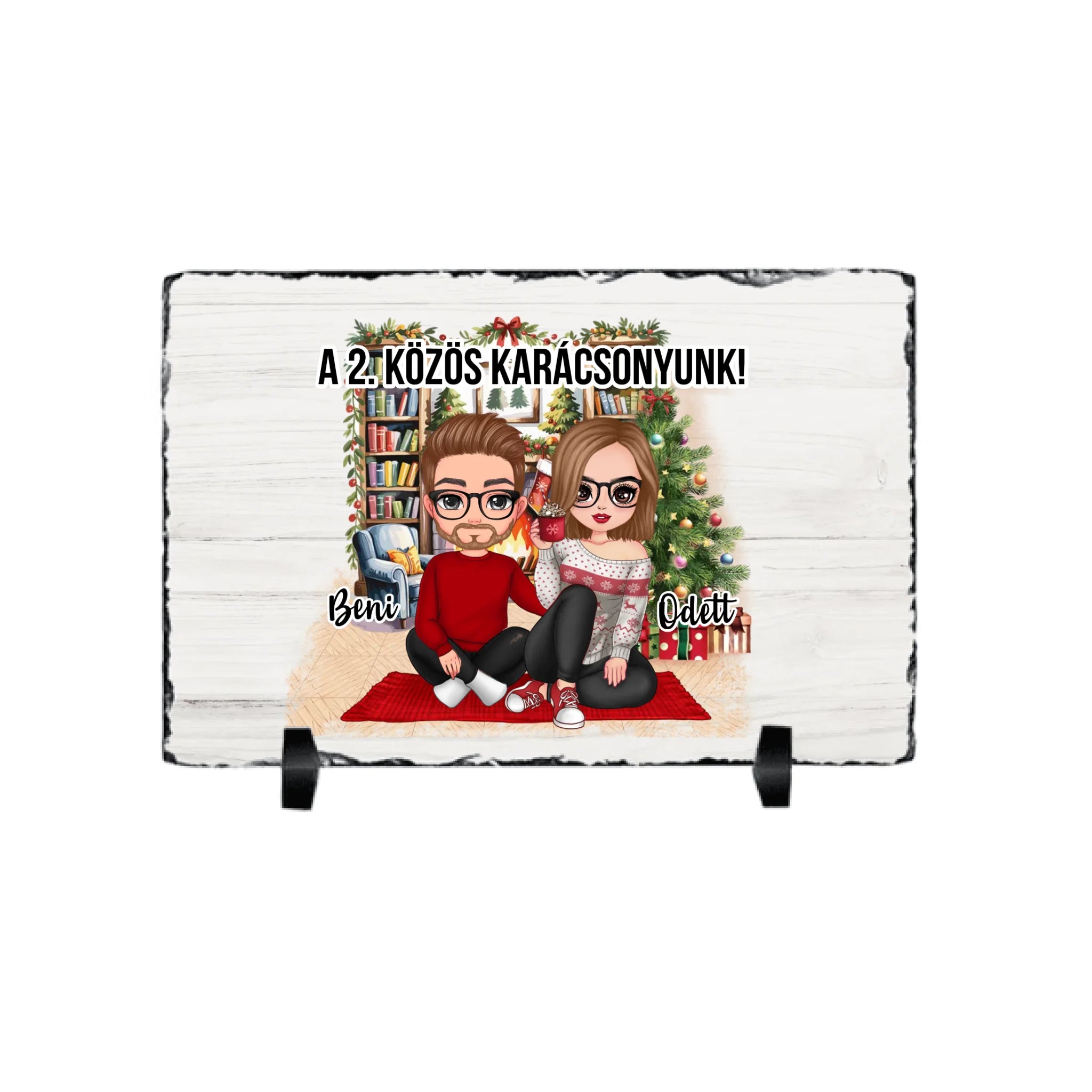 Egyedi karácsonyi ajándék pároknak - szerkeszthető karakteres gránitlap