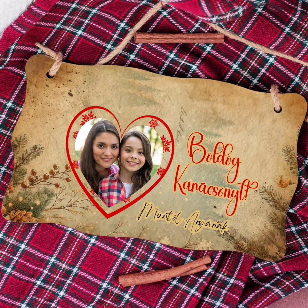 Karácsonyi ajándék dísztábla saját fotóval és felirattal a család minden tagjának