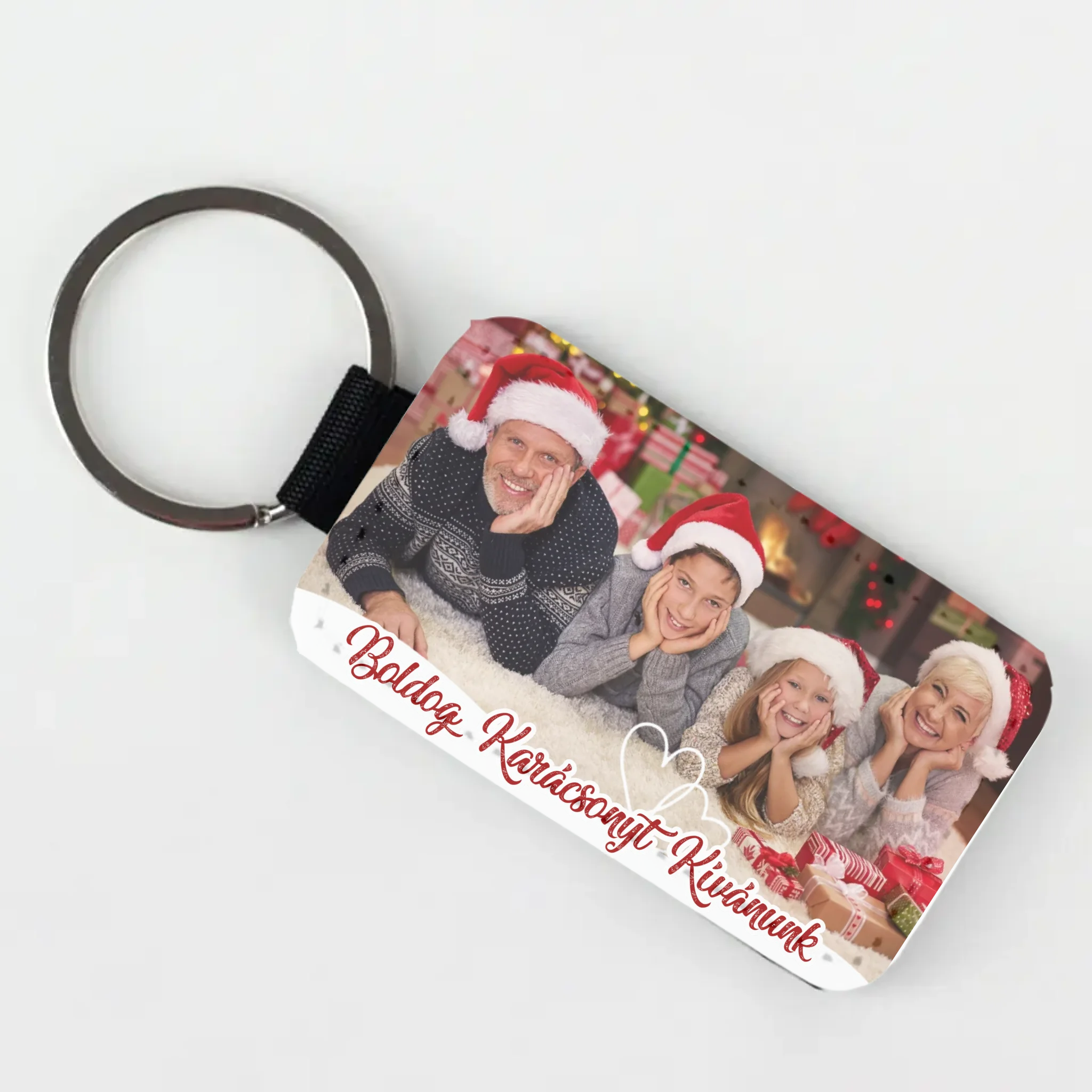 Fényképes karácsonyi ajándék bőr kulcstartó saját fotóval és névvel
