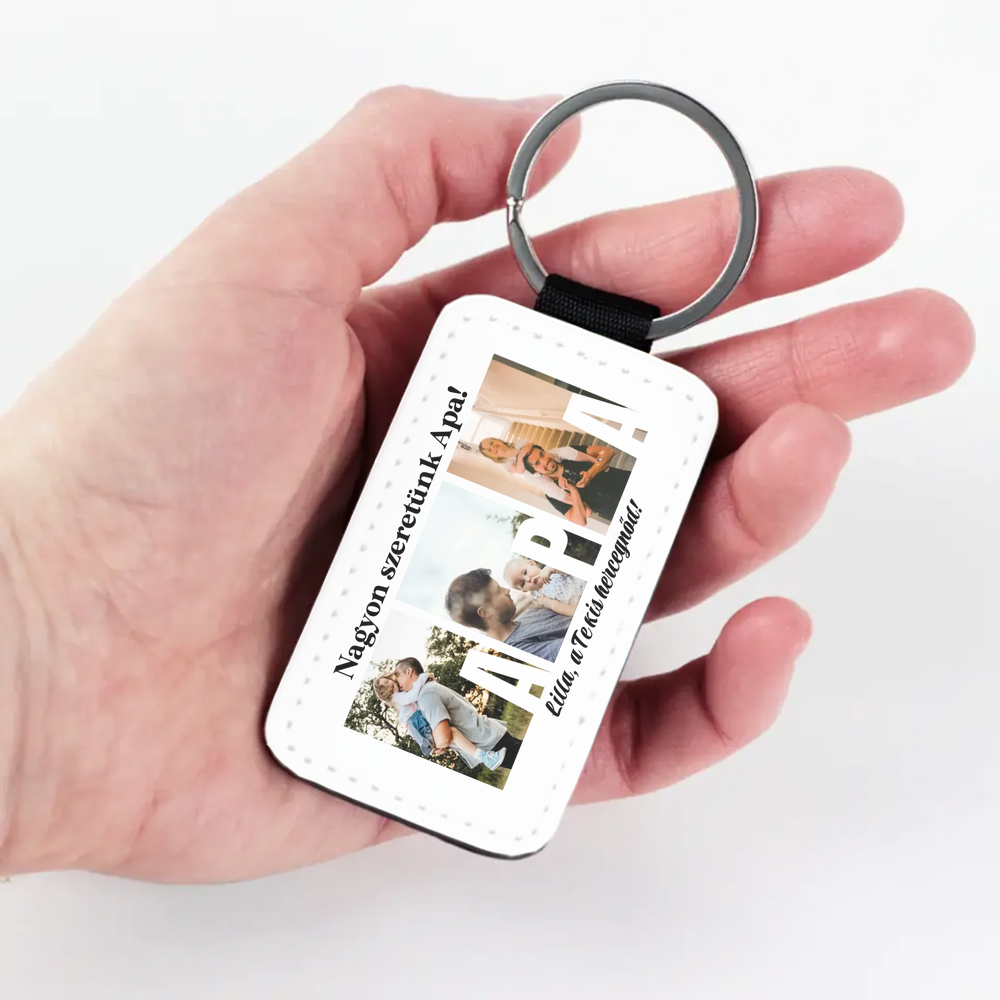 Ajándék Apának - Egyedi képes Apa szeretünk bőrkulcstartó
