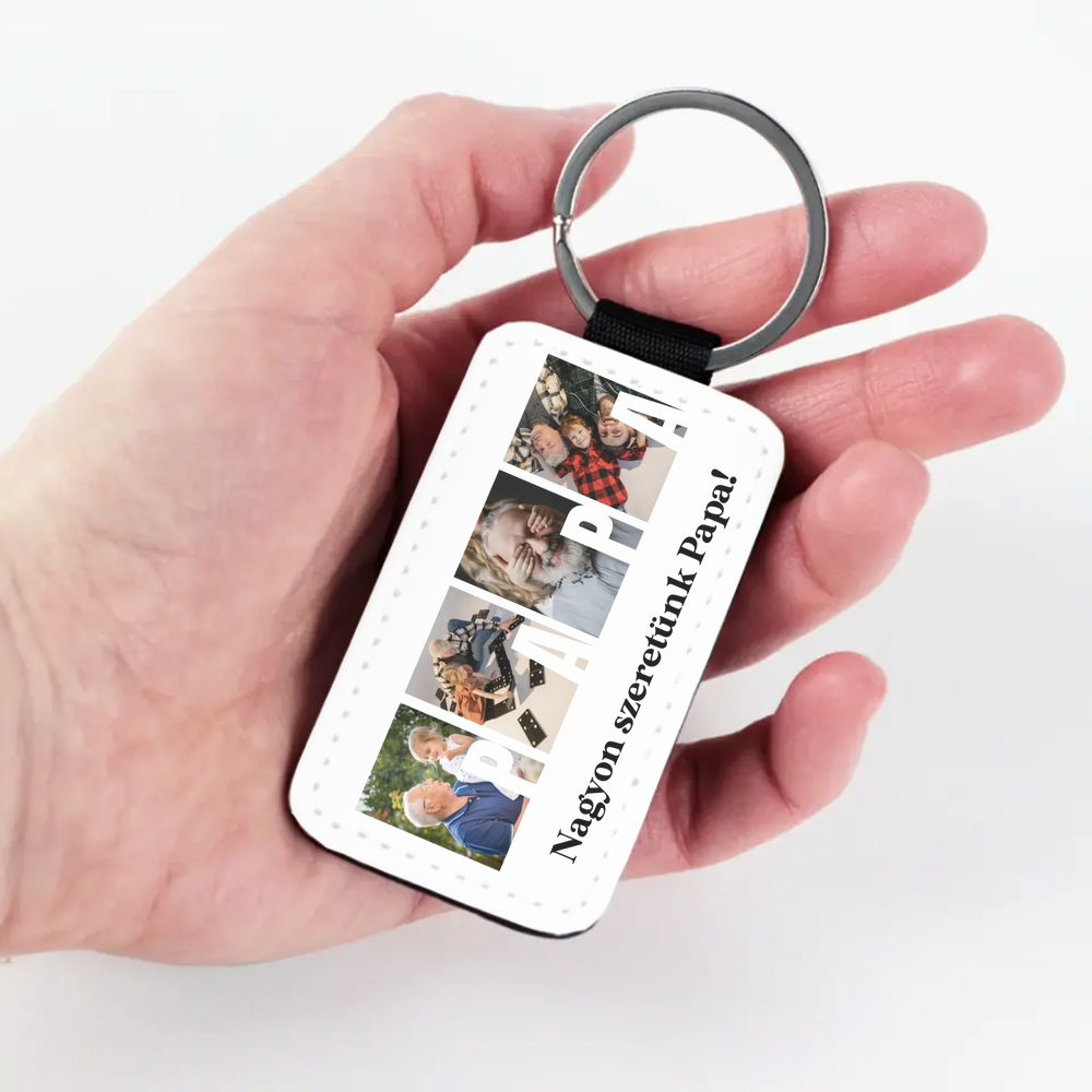 Ajándék Papának - Egyedi képes Papa szeretünk bőrkulcstartó