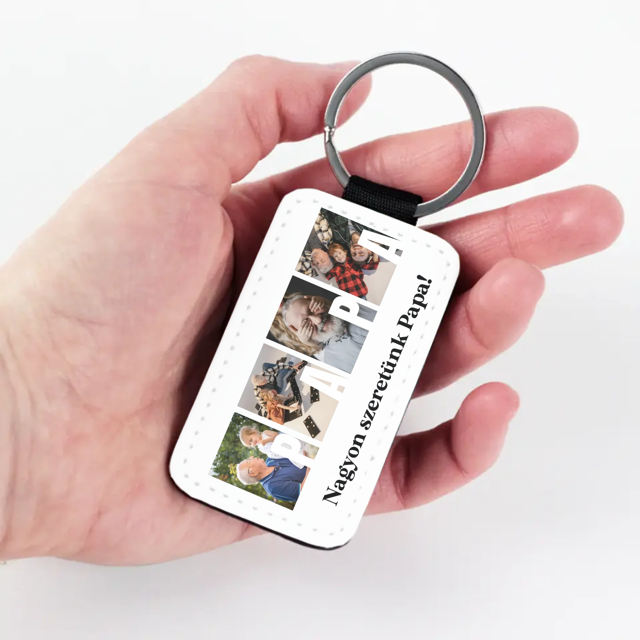 Ajándék Papának - Egyedi képes Papa szeretünk bőrkulcstartó