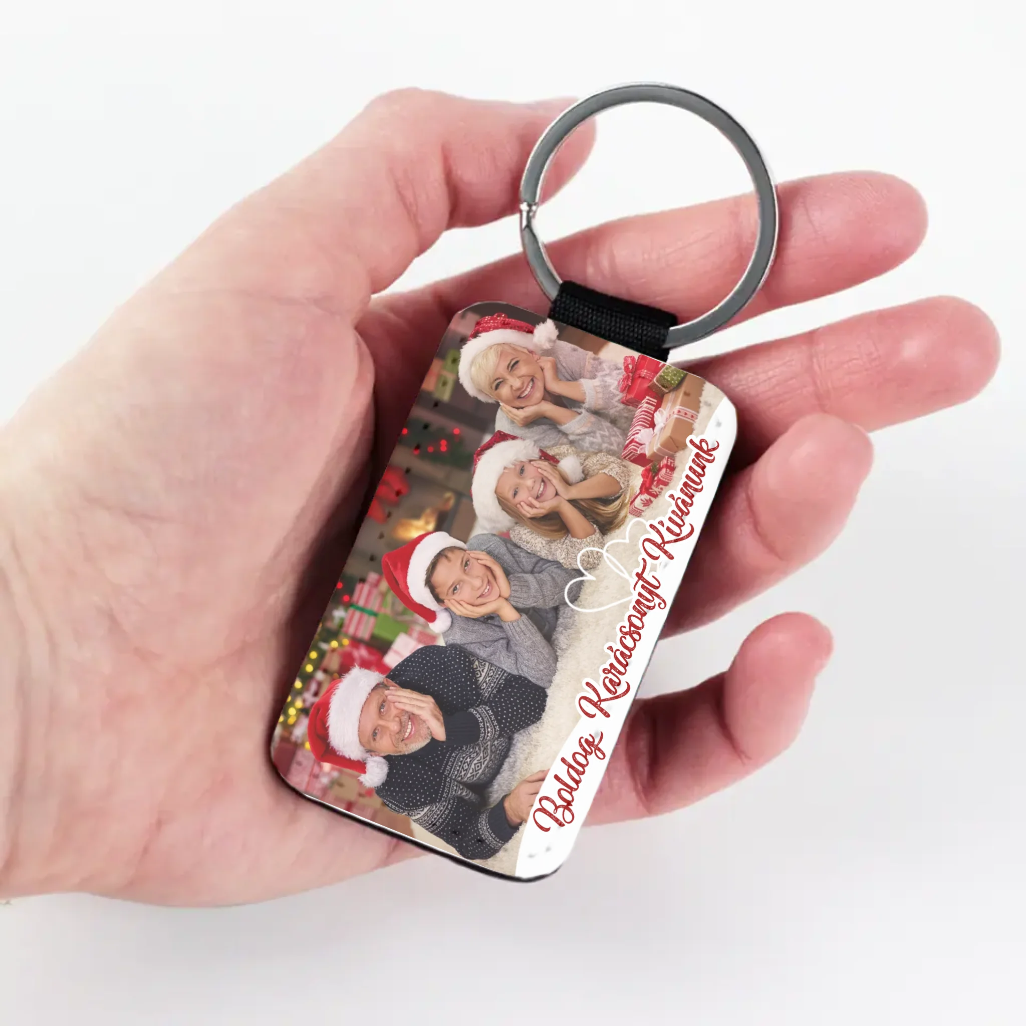 Fényképes karácsonyi ajándék bőr kulcstartó saját fotóval és névvel