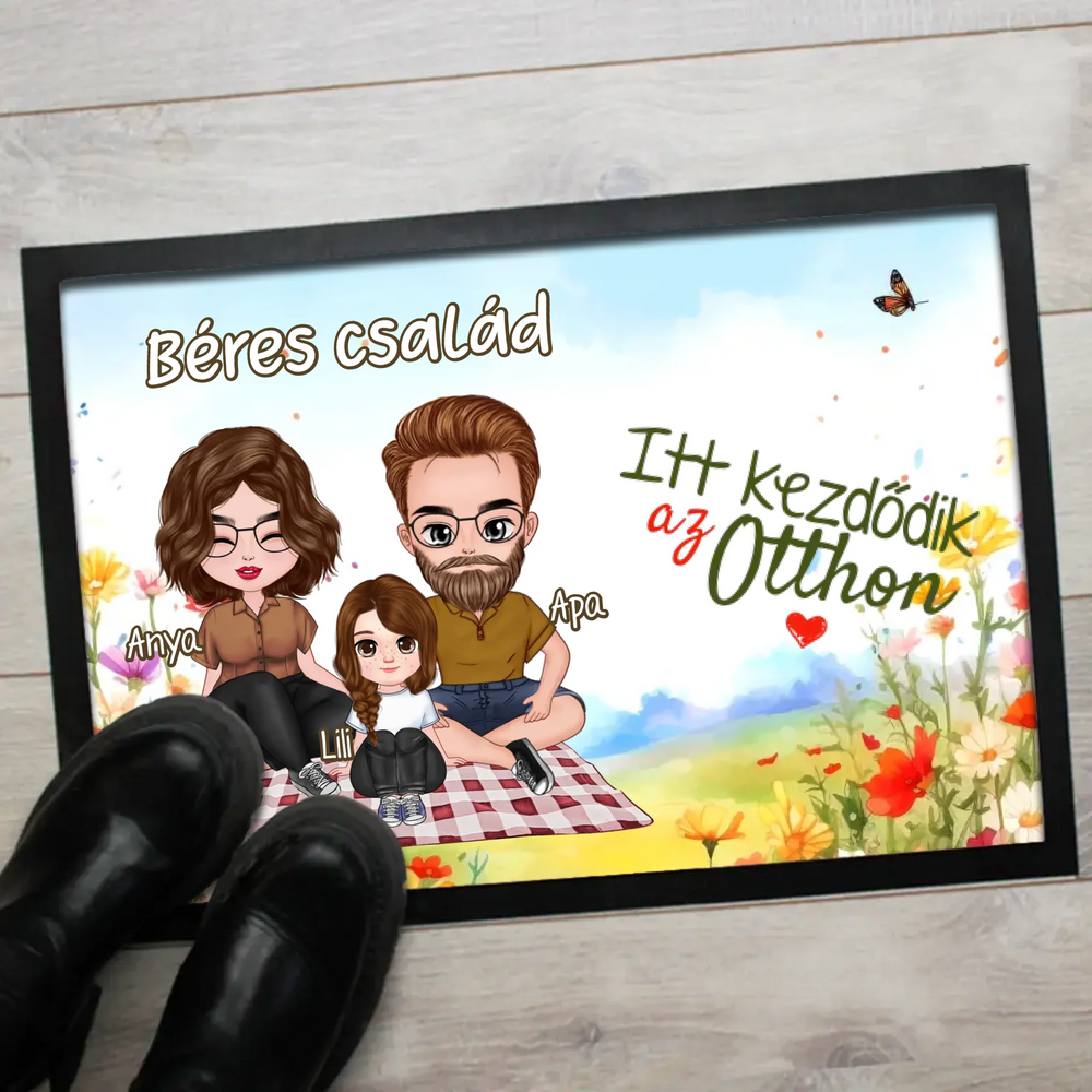 Tavaszi mintás szerkeszthető karakteres családos lábtörlő választható felirattal 