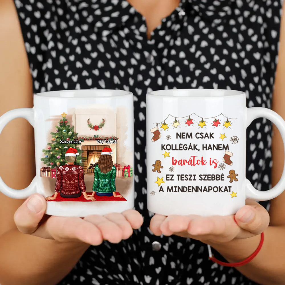 Karácsonyi ajándék bögre munkatársaknak szerkeszthető karakterekkel - akár 5 lánnyal vagy fiúval