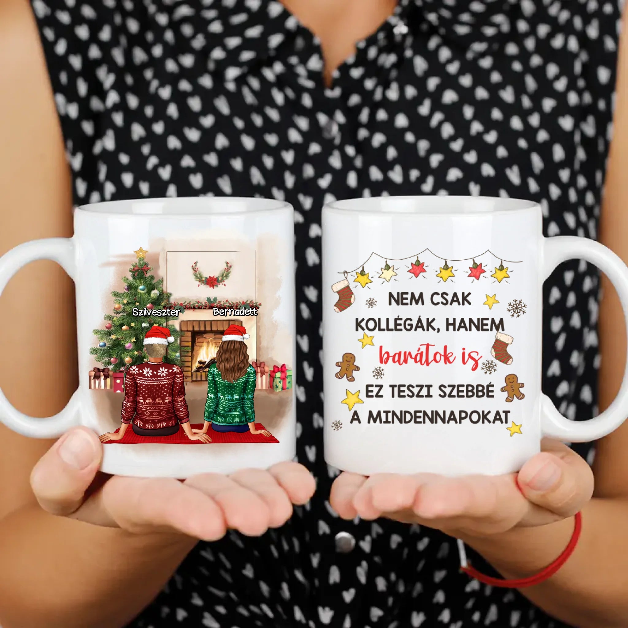 Karácsonyi ajándék bögre munkatársaknak szerkeszthető karakterekkel - akár 5 lánnyal vagy fiúval