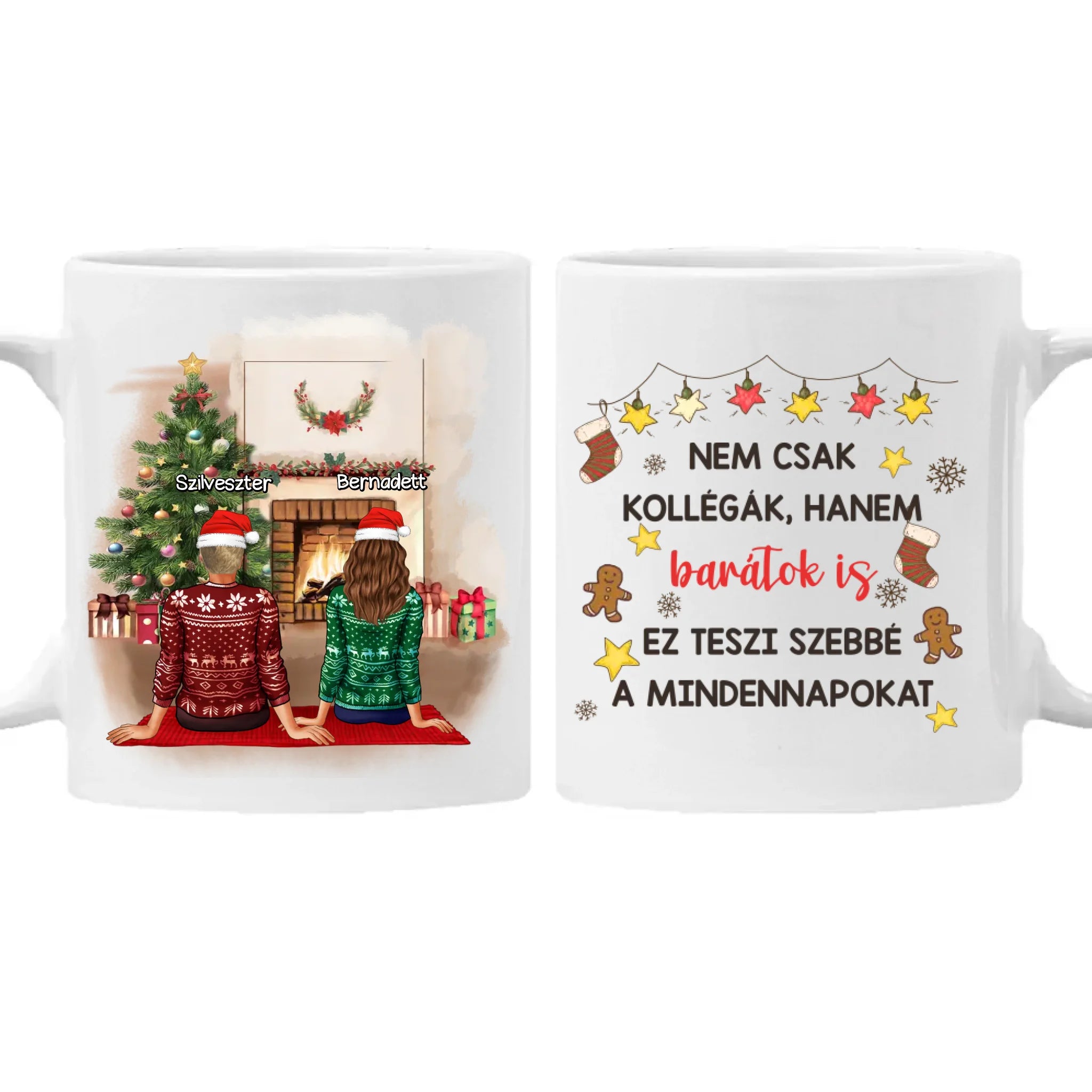 Karácsonyi ajándék bögre munkatársaknak szerkeszthető karakterekkel - akár 5 lánnyal vagy fiúval