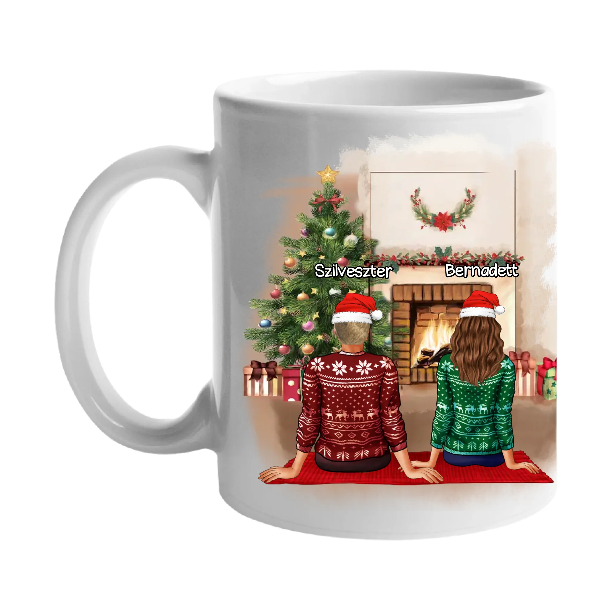 Karácsonyi ajándék bögre munkatársaknak szerkeszthető karakterekkel - akár 5 lánnyal vagy fiúval