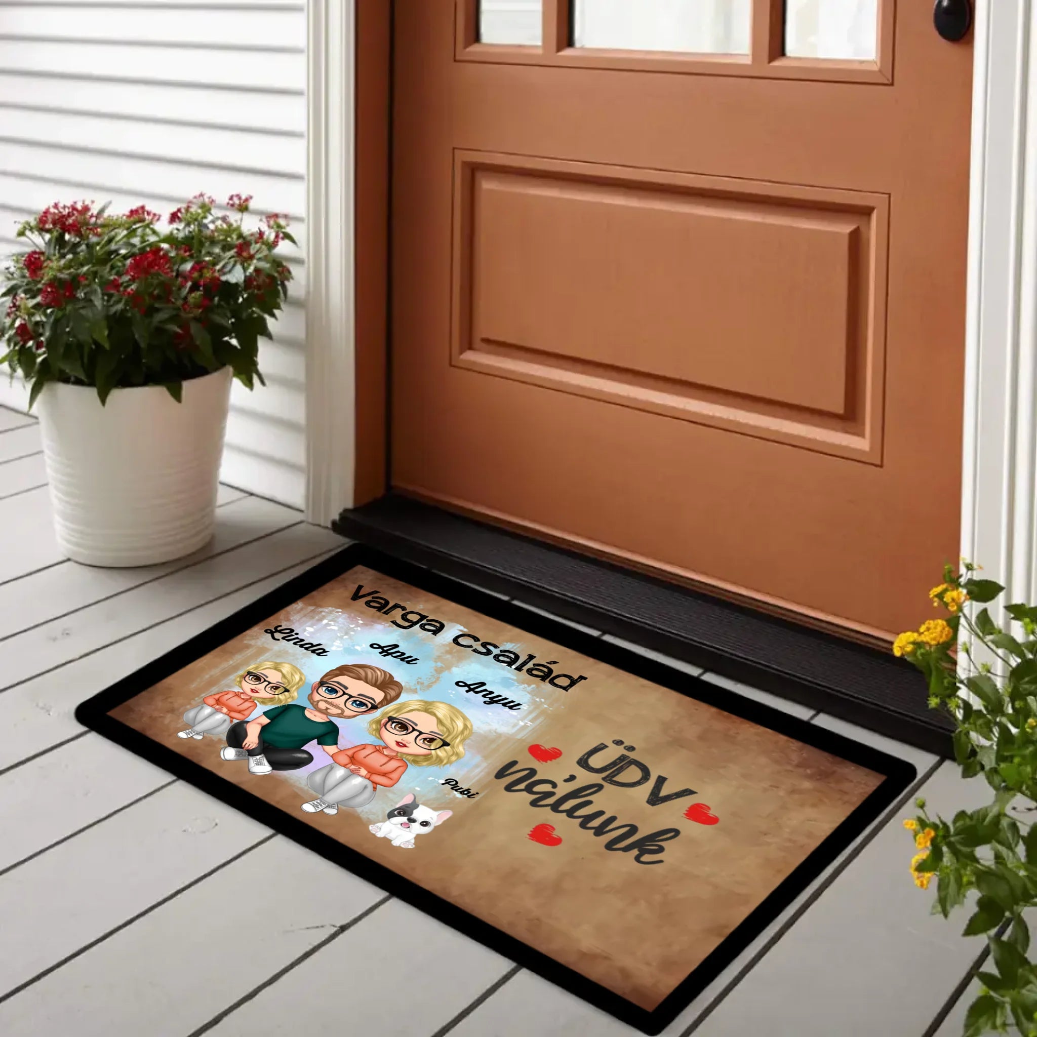 Szerkeszthető karakteres családos lábtörlő kutyákkal 