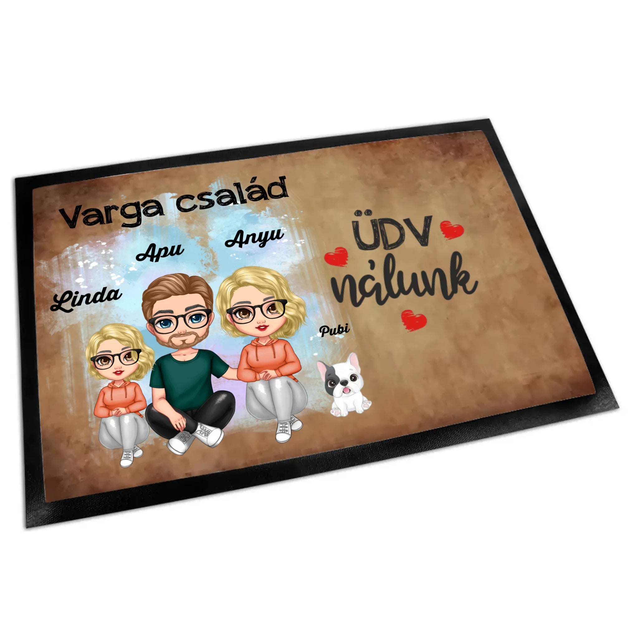 Szerkeszthető karakteres családos lábtörlő kutyákkal 