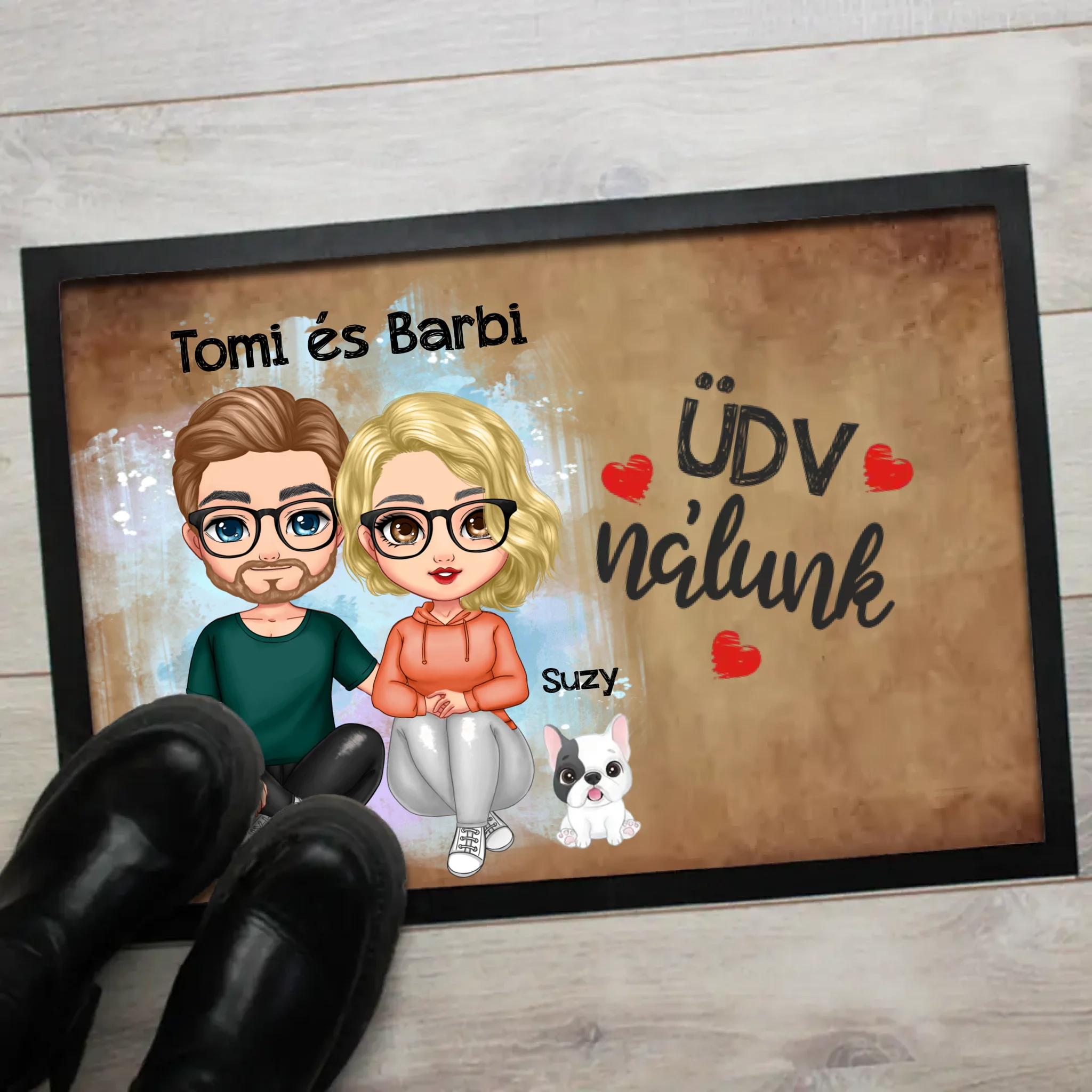 Szerkeszthető páros karakteres lábtörlő kutyákkal