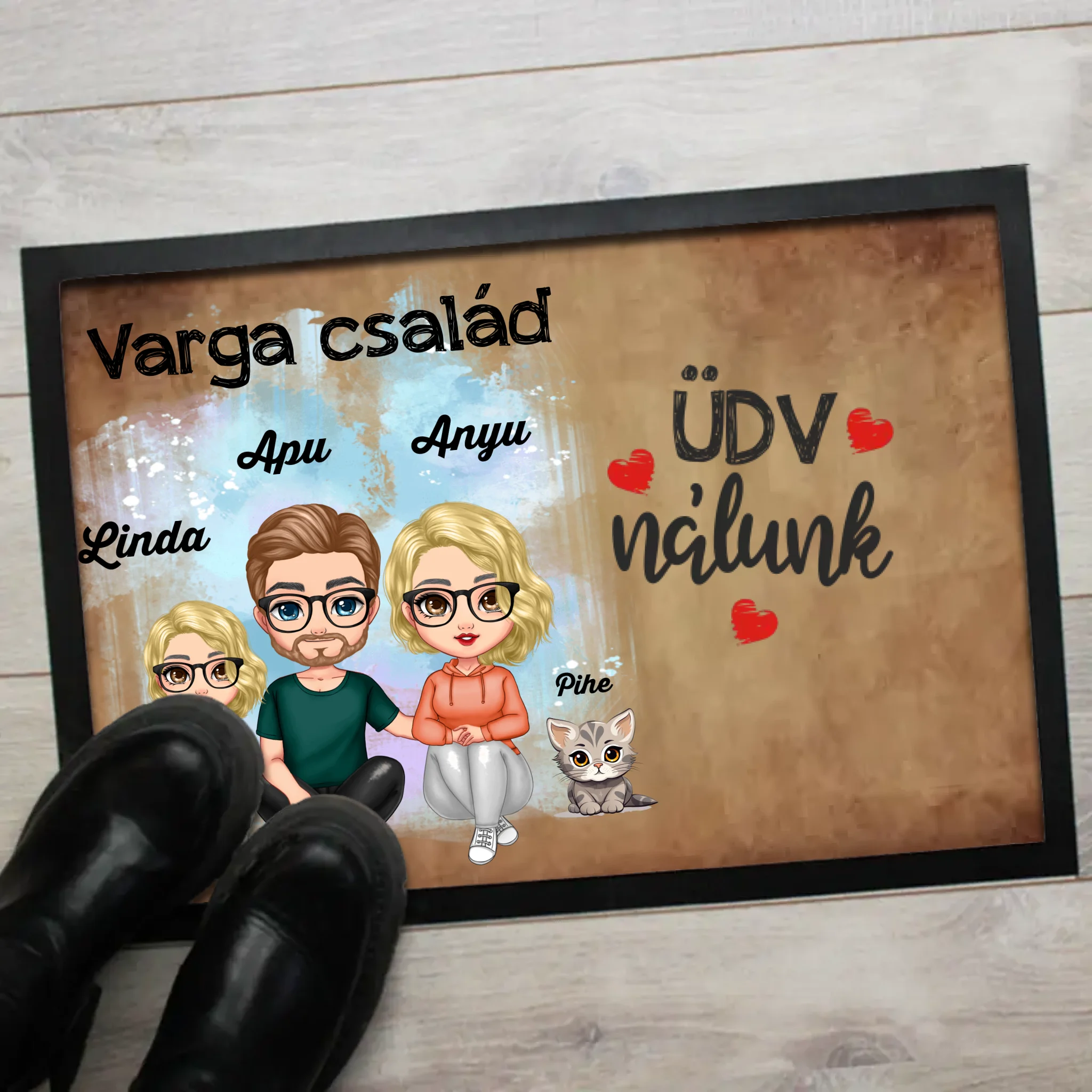 Szerkeszthető család karakteres lábtörlő cicával