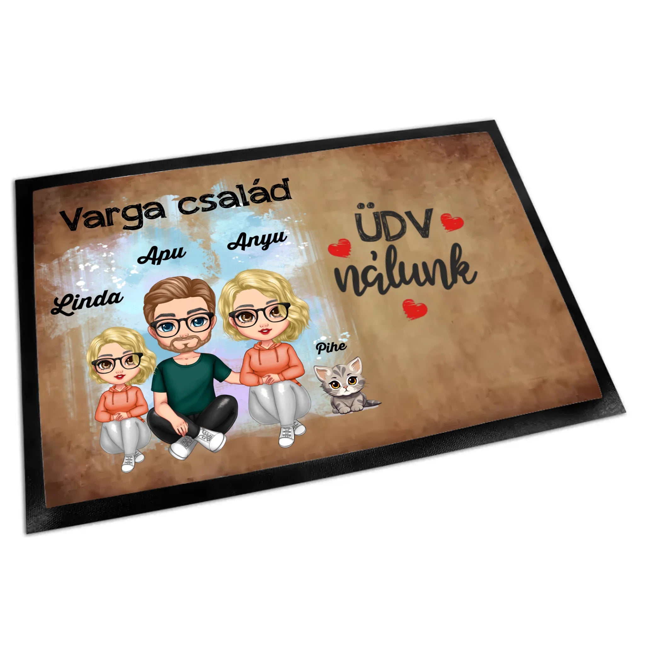 Szerkeszthető család karakteres lábtörlő cicával