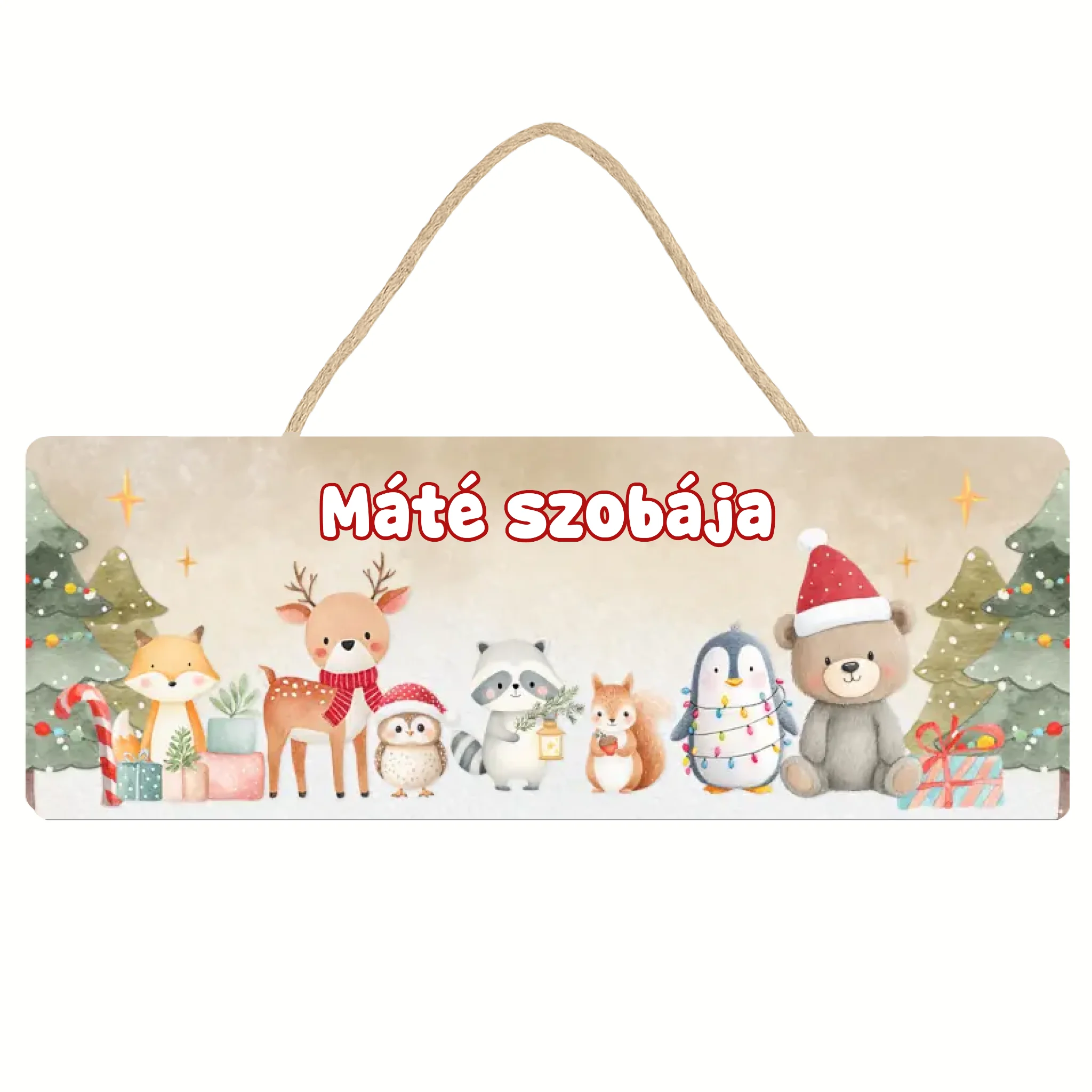 Karácsonyi dísztábla erdei állatokkal - egyedi névvel