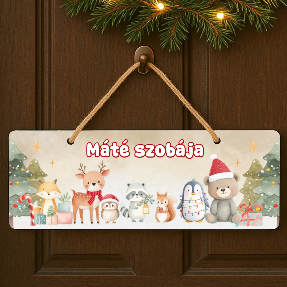 Karácsonyi dísztábla erdei állatokkal - egyedi névvel
