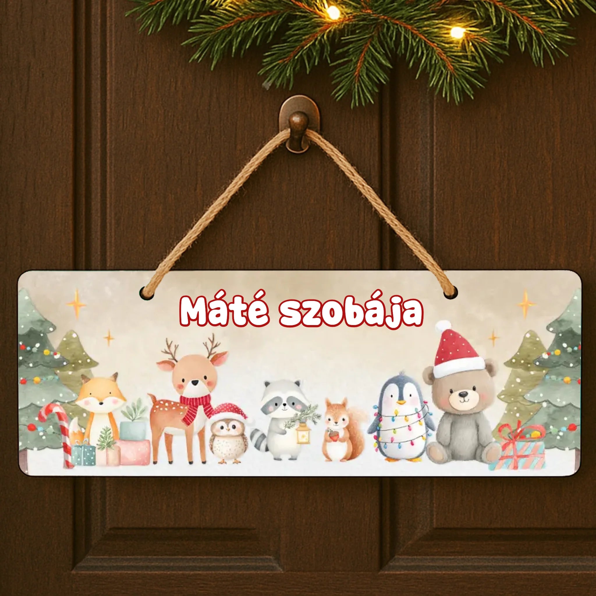 Karácsonyi dísztábla erdei állatokkal - egyedi névvel