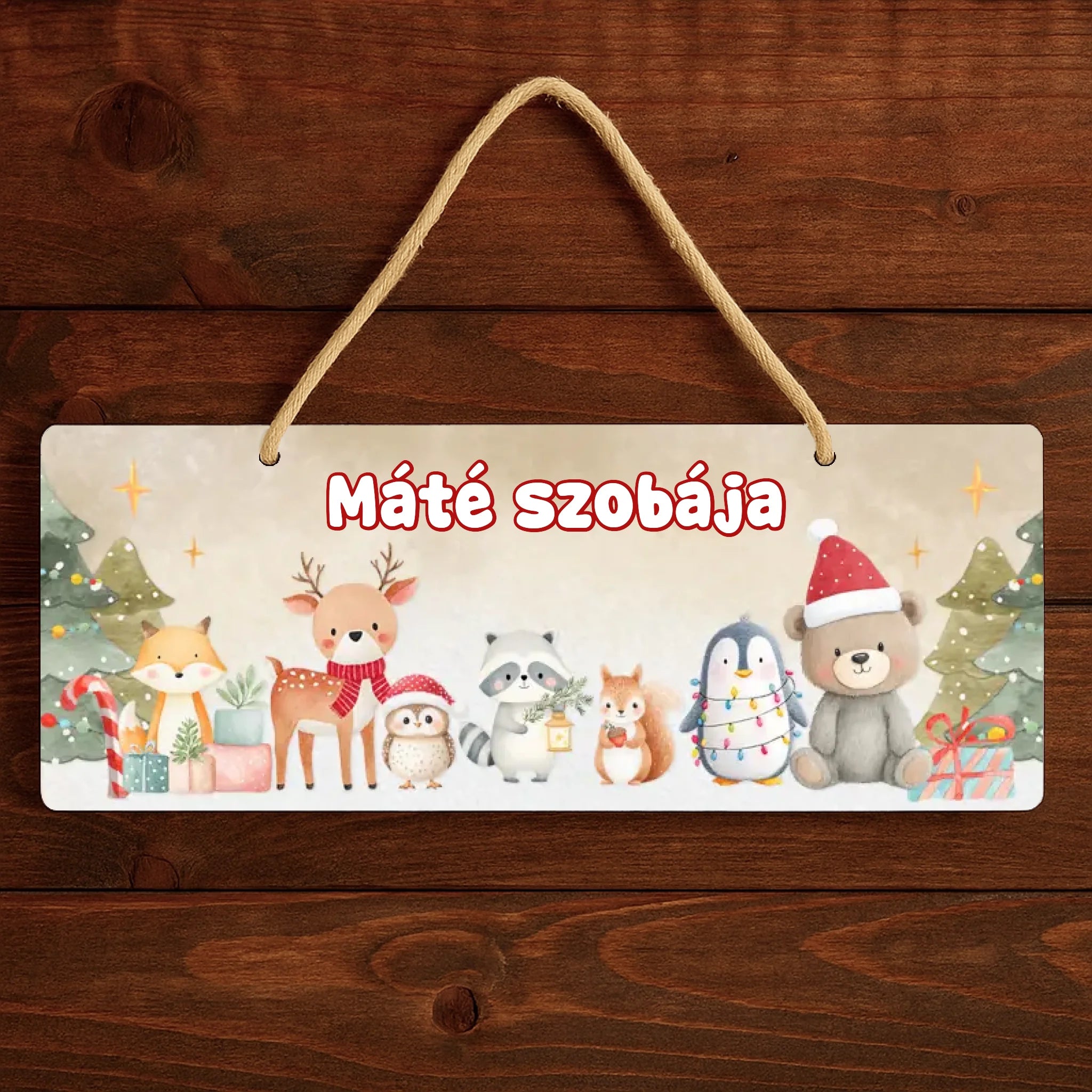Karácsonyi dísztábla erdei állatokkal - egyedi névvel